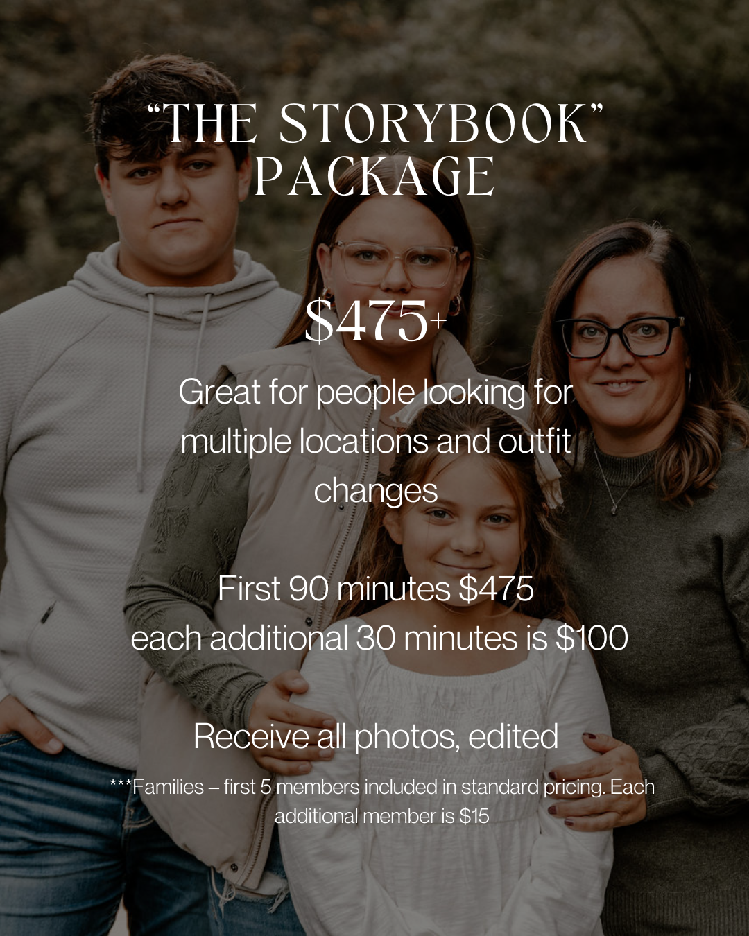 Professional photography package pricing banner showing various session options and rates for family portrait sessions.
