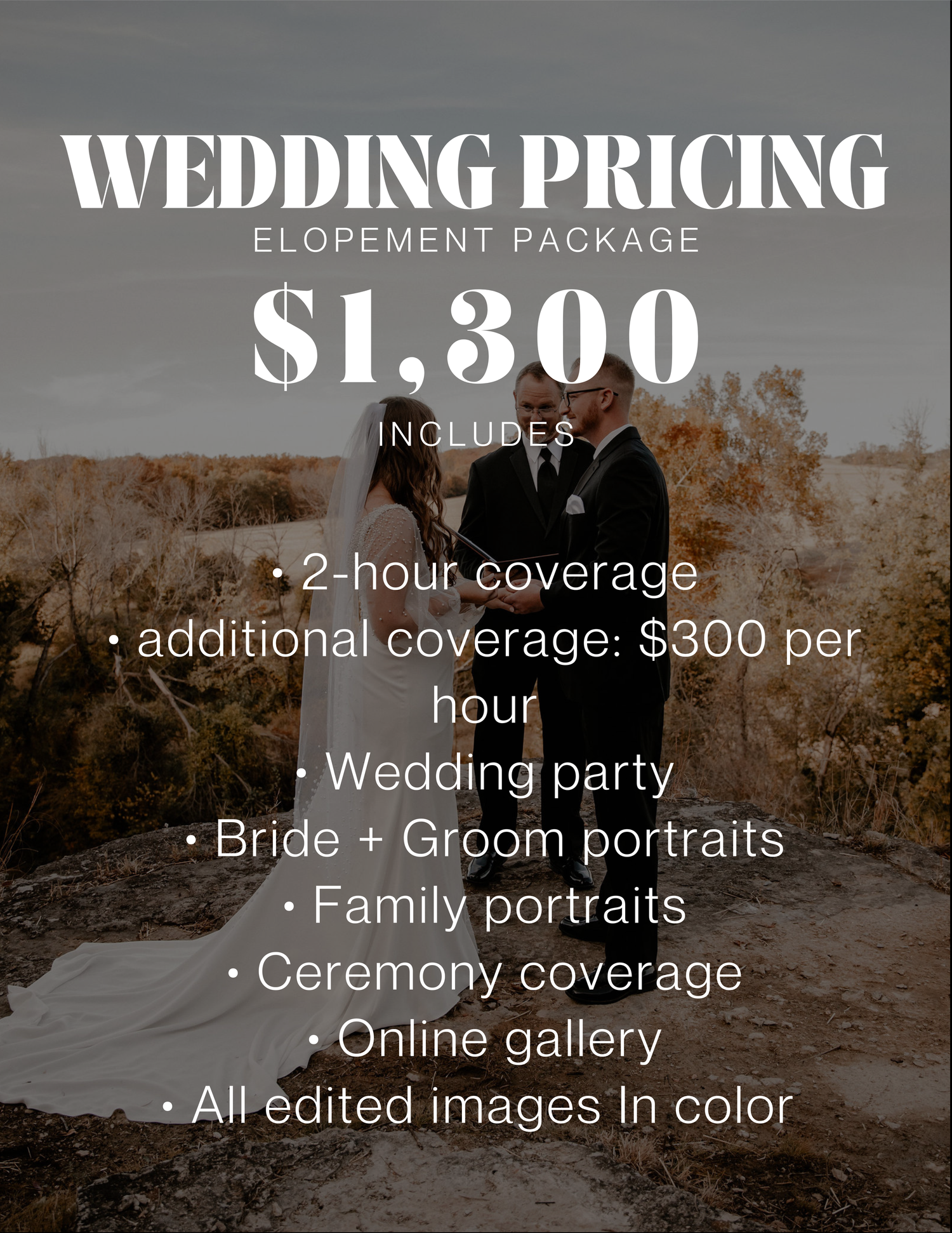 Wedding photography pricing menu showing elopement packages and services against a scenic outdoor mountain backdrop.