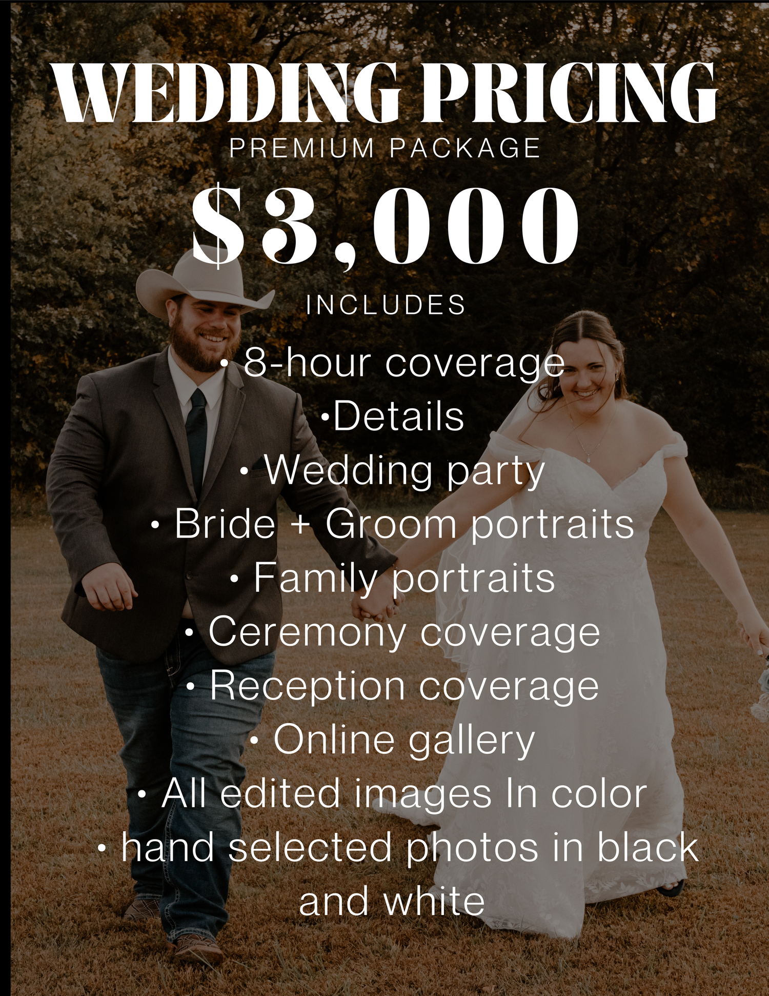 A wedding photography pricing banner showcases package details and costs for premium coverage services.