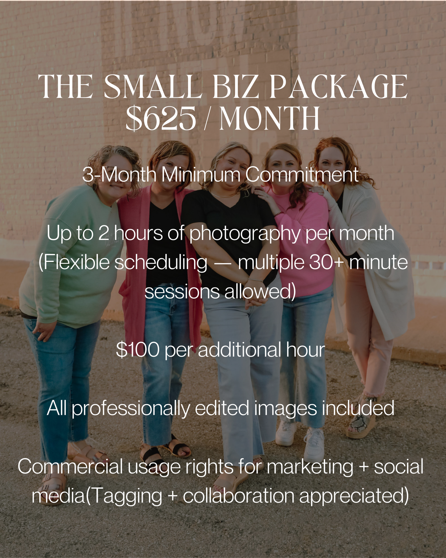 Business photography package information displayed on brown background with white text.