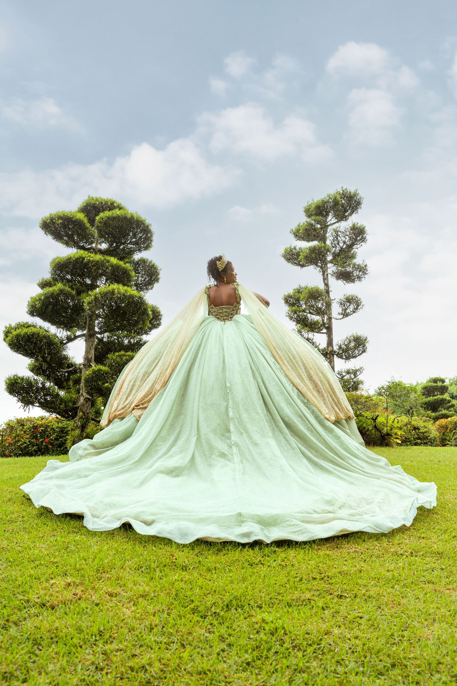 Woman in a flowing mint green ball gown with gold cape detail stands on a manicured lawn facing sculpted pine trees under a cloudy sky.