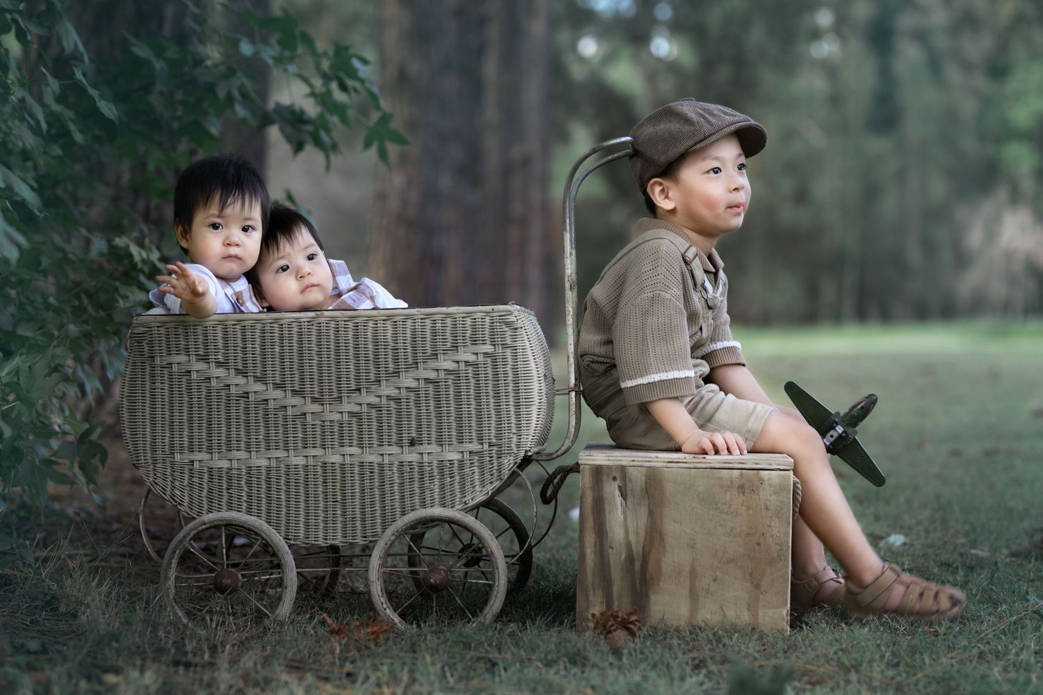 Vintage inspired kids portrait session with classic wicker pram Brisbane