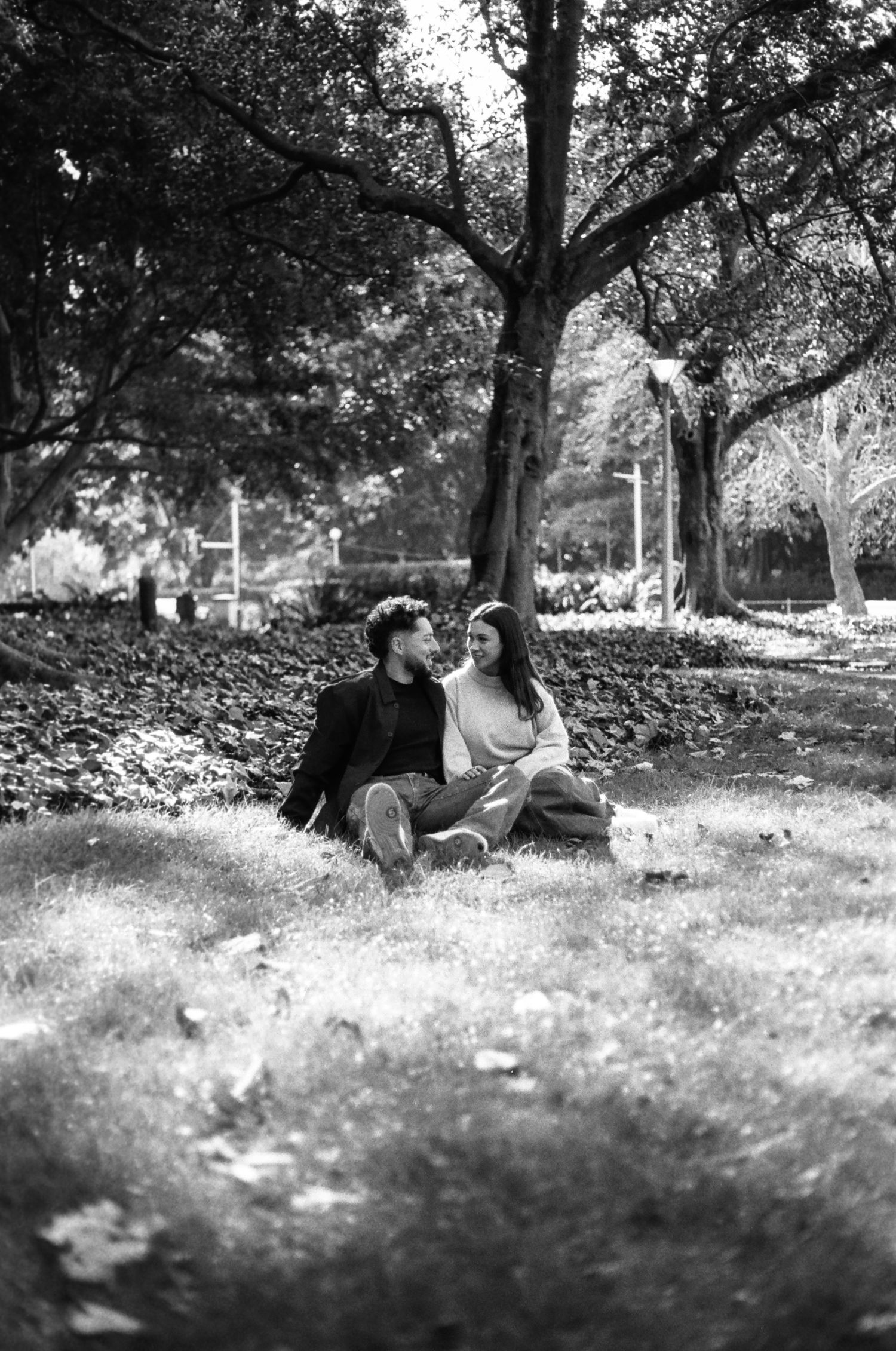 A couple sits together under a large tree in dappled sunlight.