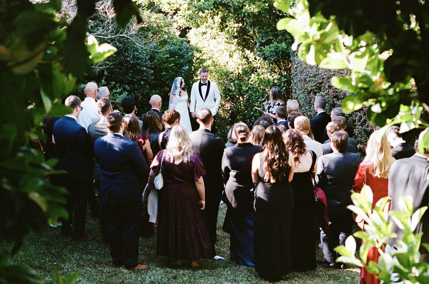 Wedding guests gather outdoors under trees for a garden ceremony celebration.