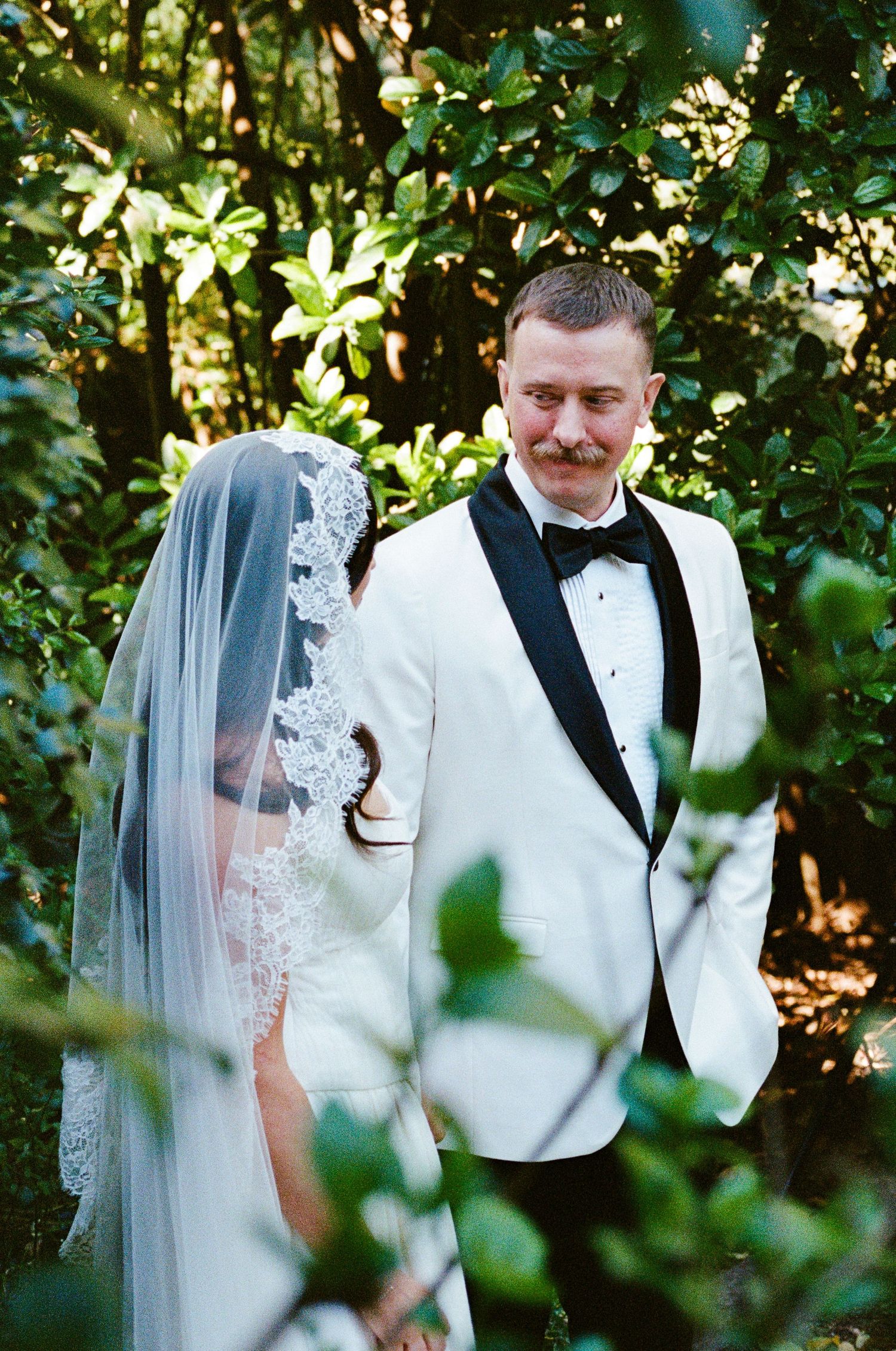 A romantic wedding moment captured through greenery as a couple shares an intimate outdoor moment.