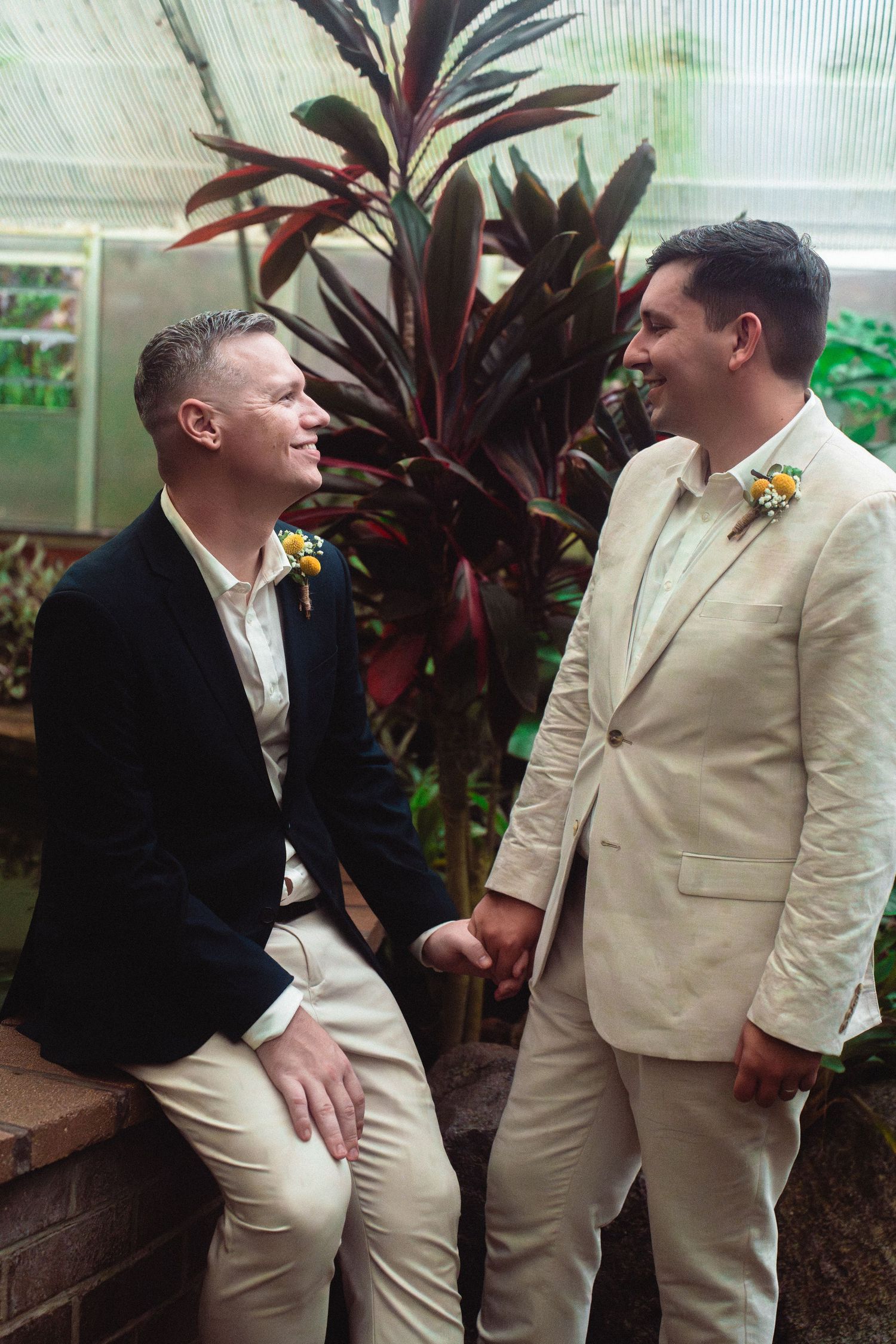 Two grooms in suits holding hands and smiling at each other in a tropical greenhouse setting.