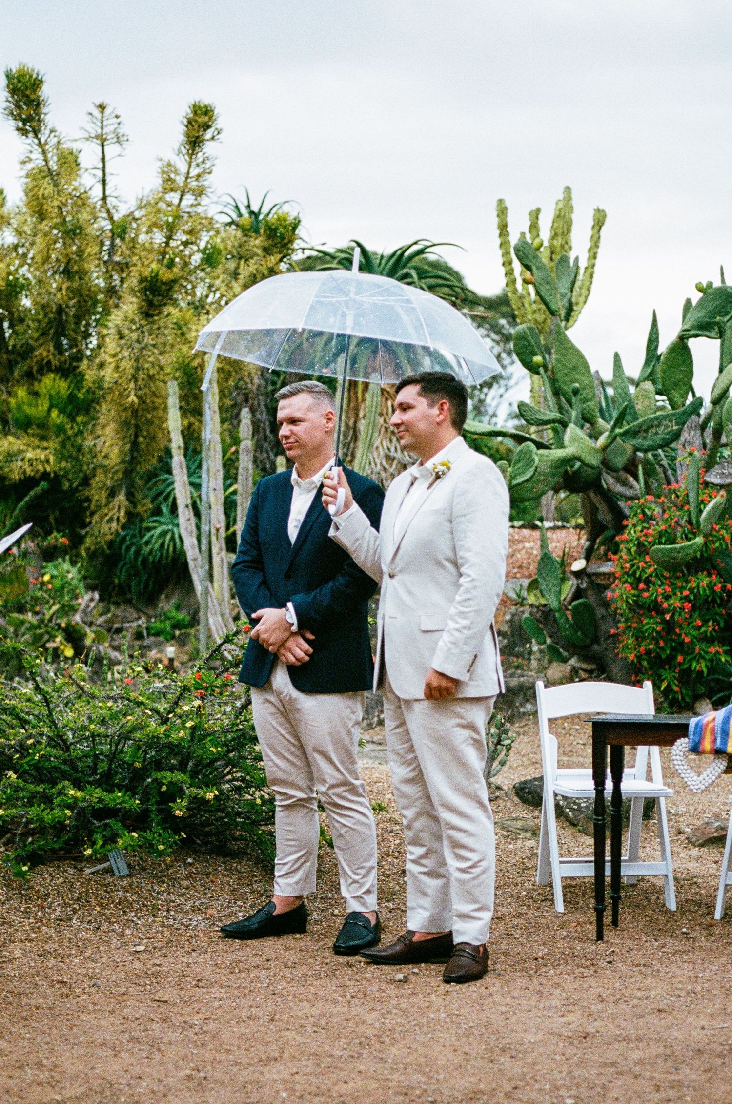 Two grooms share a clear umbrella during their outdoor wedding ceremony surrounded by cacti and lush greenery.