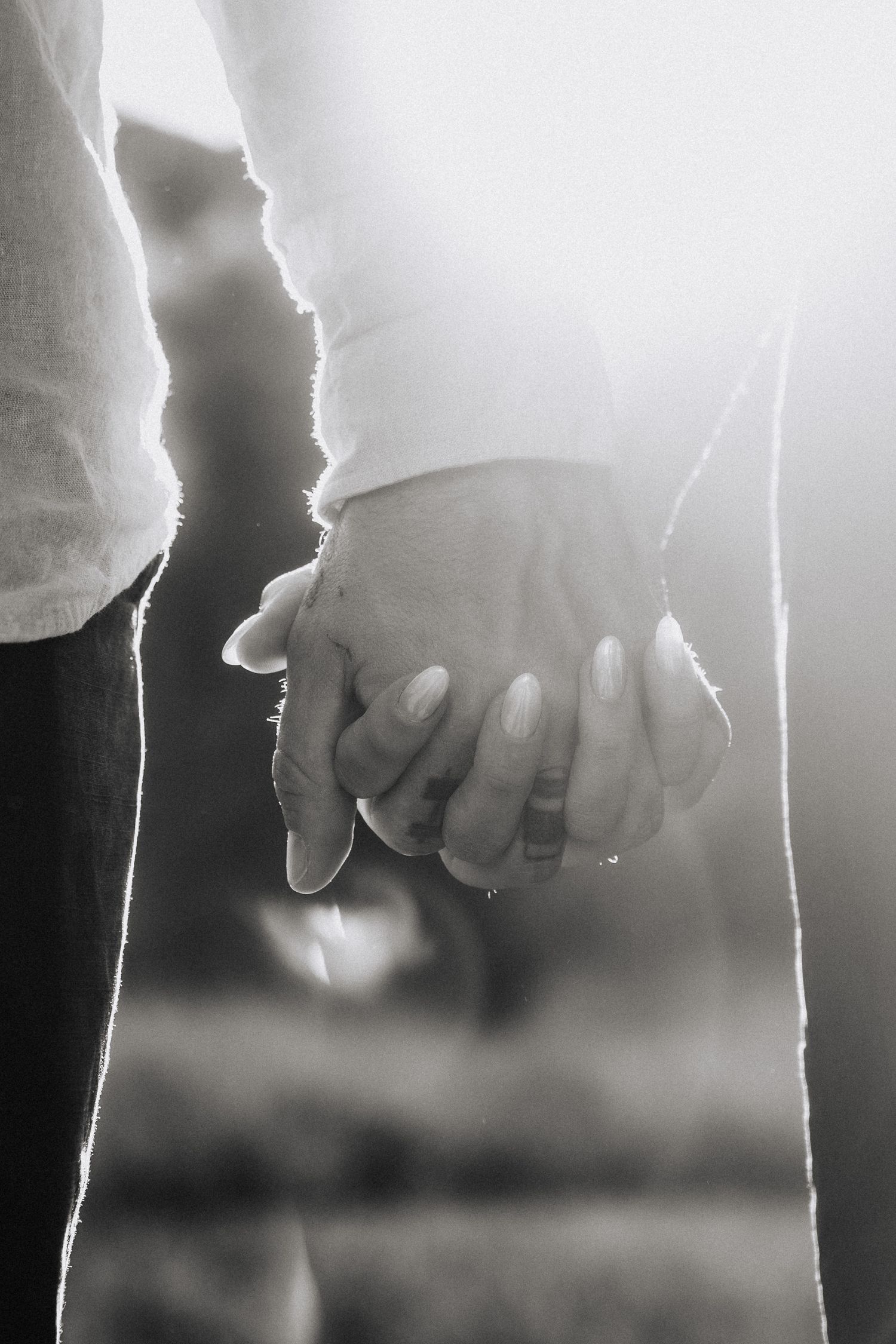 Black and white close-up of hands holding together in natural light.