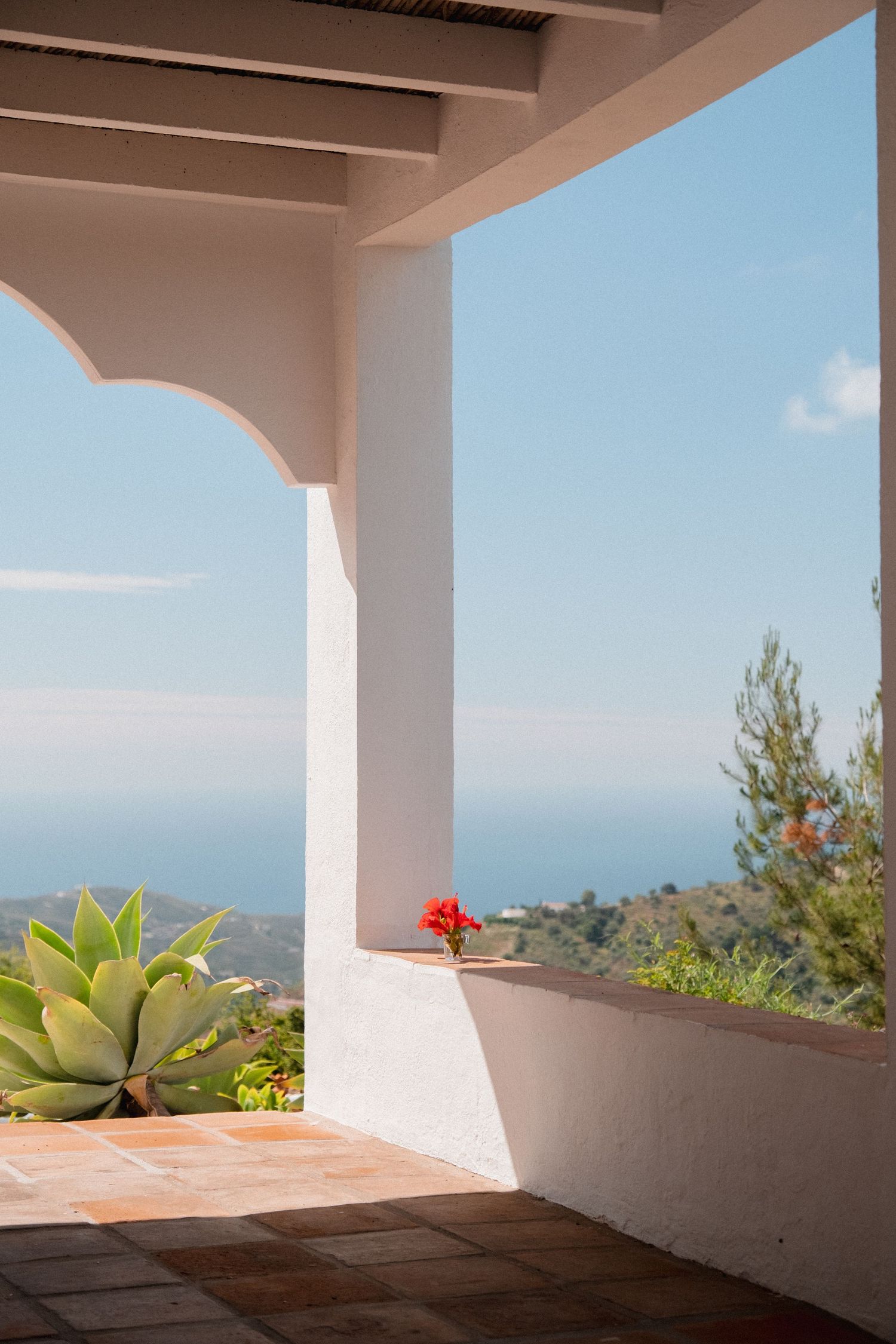 White Mediterranean terrace with red flower, succulent plant, and stunning ocean view on a clear sunny day.