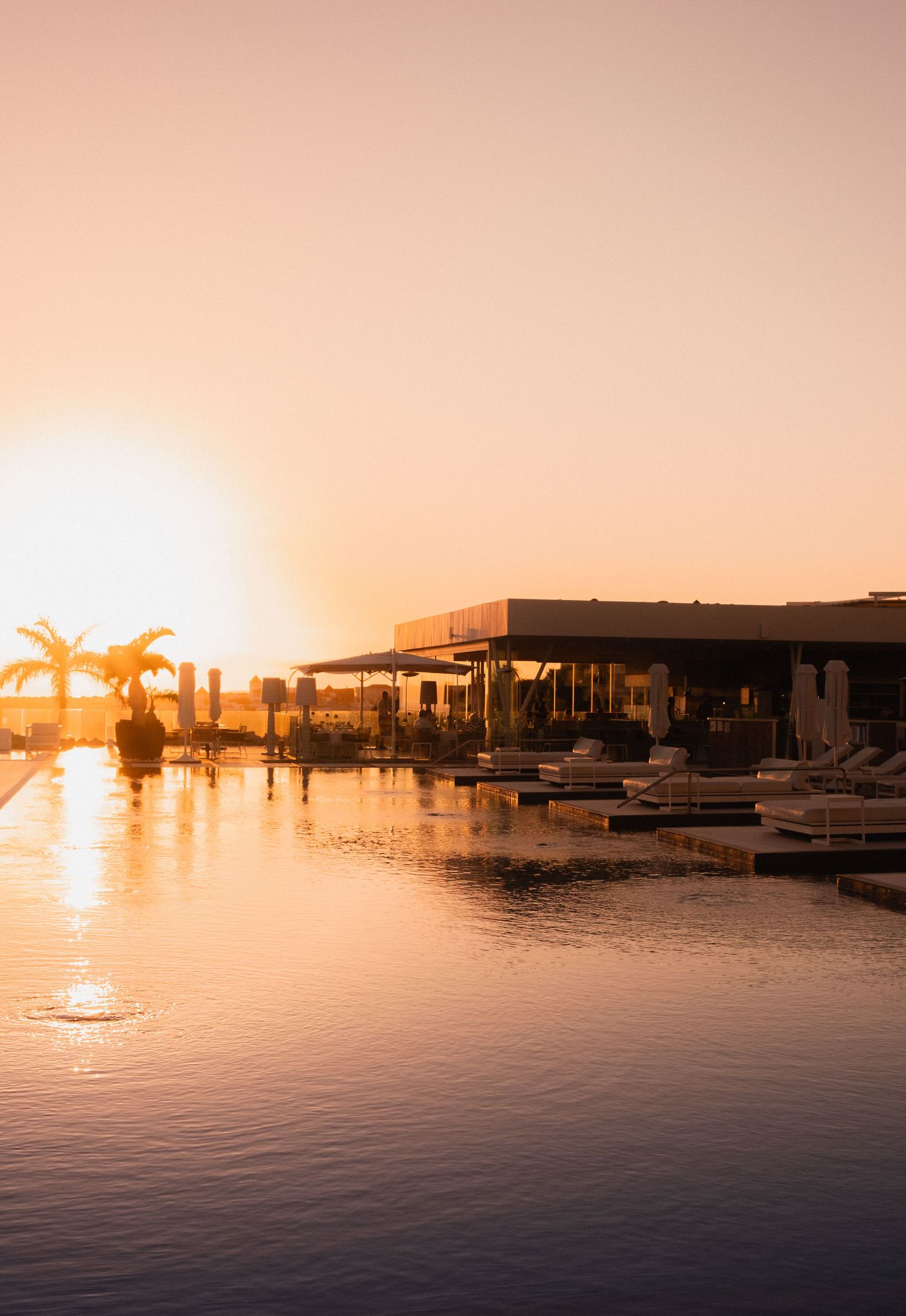 Stunning sunset over a luxury resort infinity pool with palm tree silhouettes and warm golden reflections on calm water.
