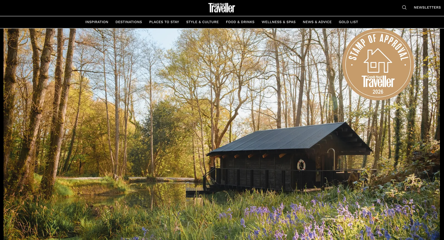 A rustic black wooden cabin nestled among autumn trees beside a tranquil pond, surrounded by bluebells in a lush forest setting.