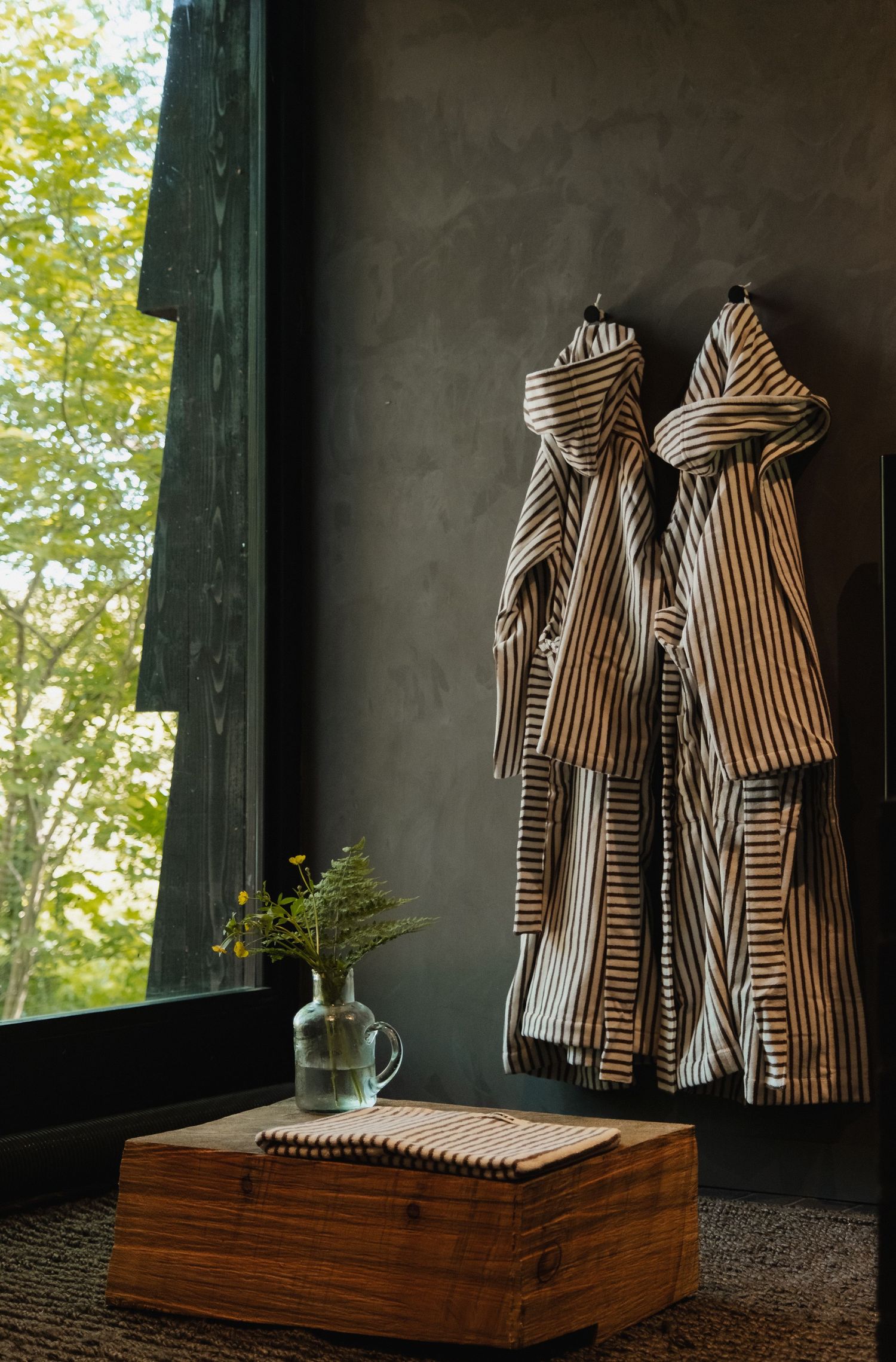 Two striped robes hang on wall hooks beside a large window with a wooden tray and small vase of greenery below.