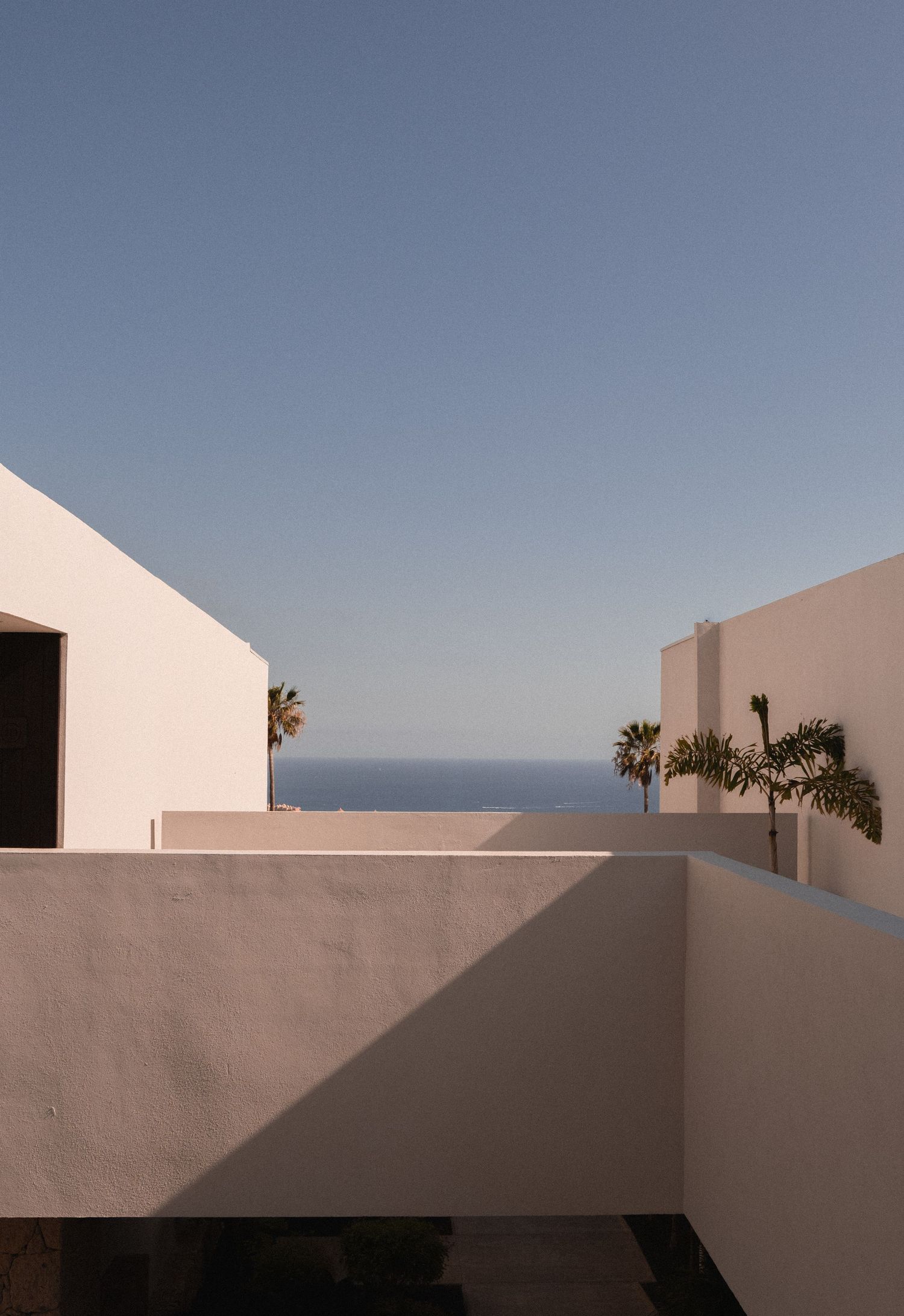 White minimalist architecture with palm trees framing a serene ocean view under a clear blue sky.