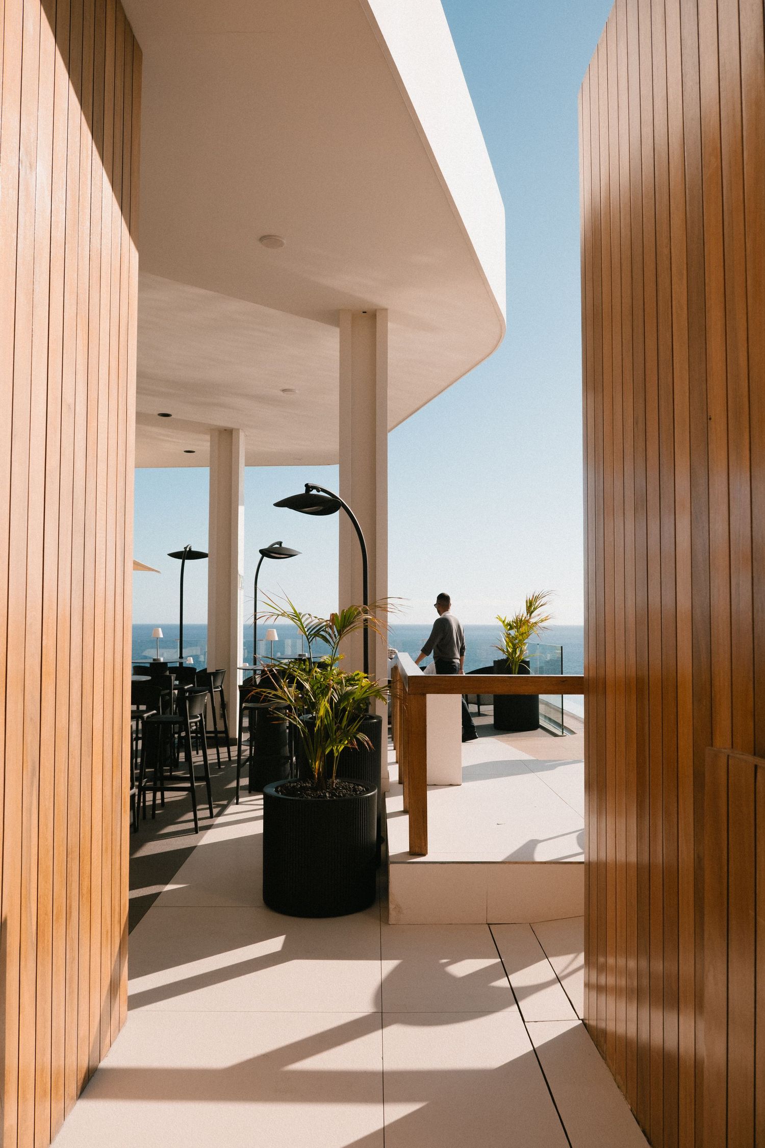 Modern rooftop terrace with wooden panels, tropical plants, and ocean views under clear blue sky.