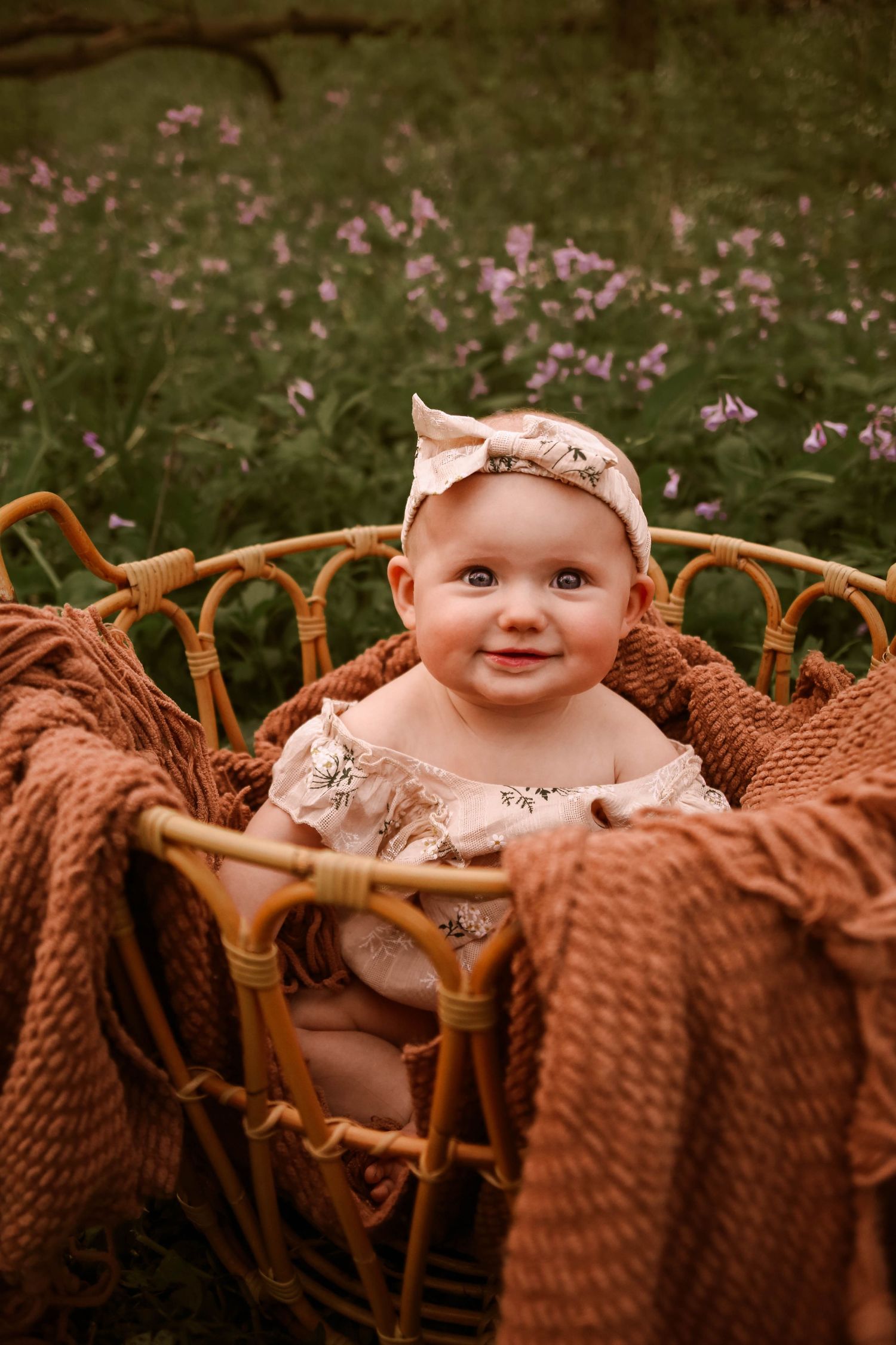 Baby in basket in bluebell field in Southeast Minnesota