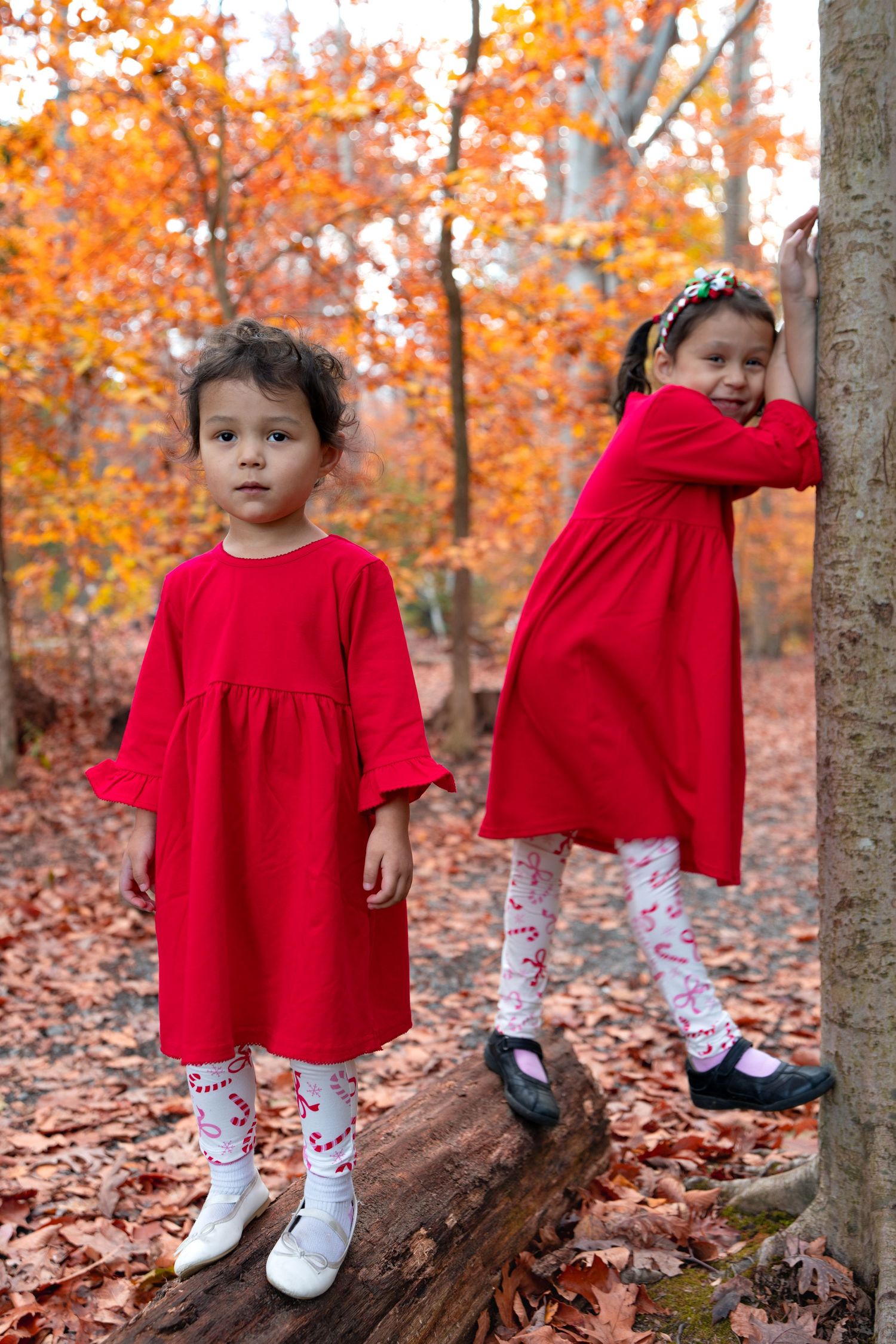 Smiling toddler standing on a tree stump with her sister behind her surrounded by colorful autumn leaves in a wooded park.