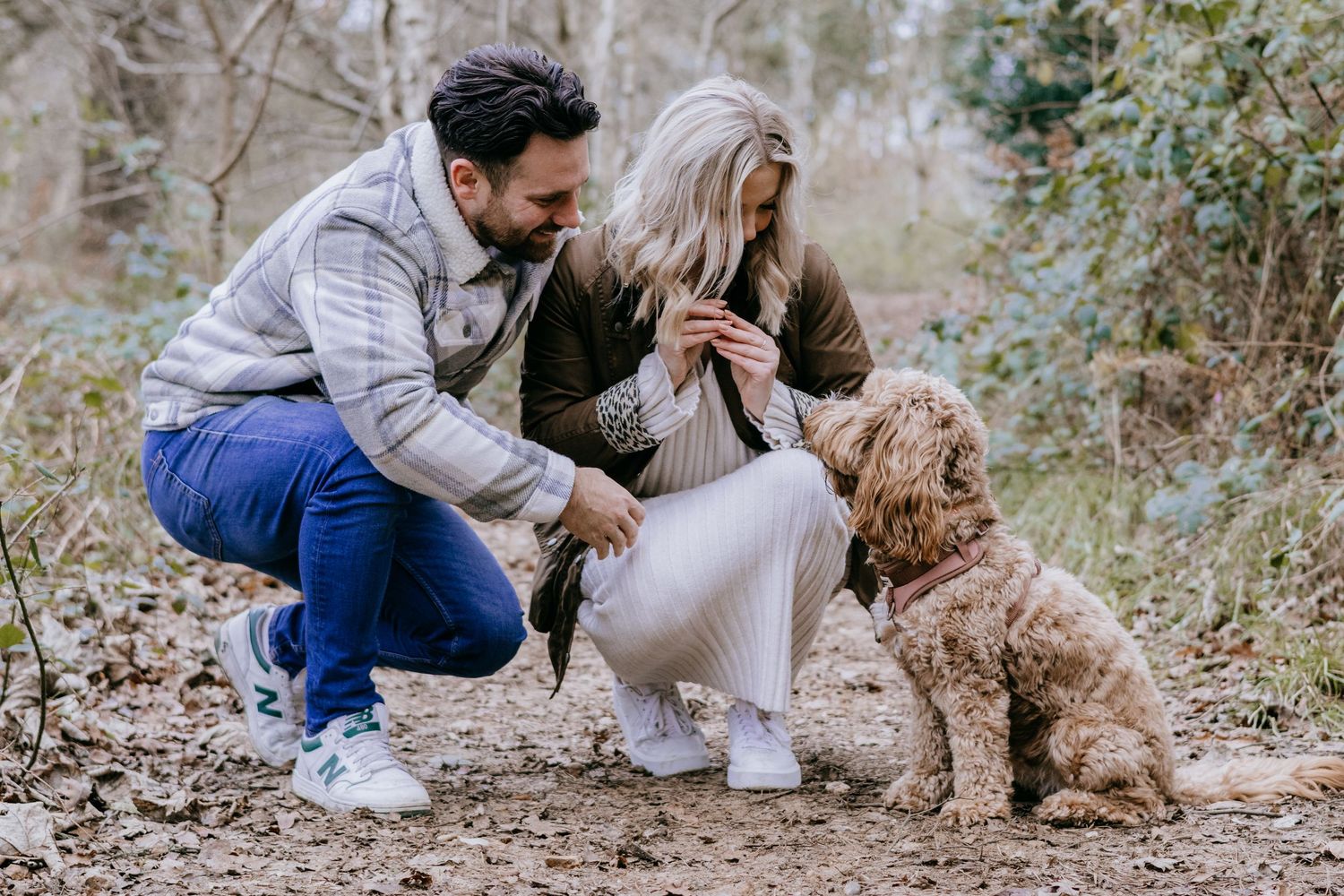 A couple sits outdoors in nature playing with their adorable brown goldendoodle puppy on a sunny day.