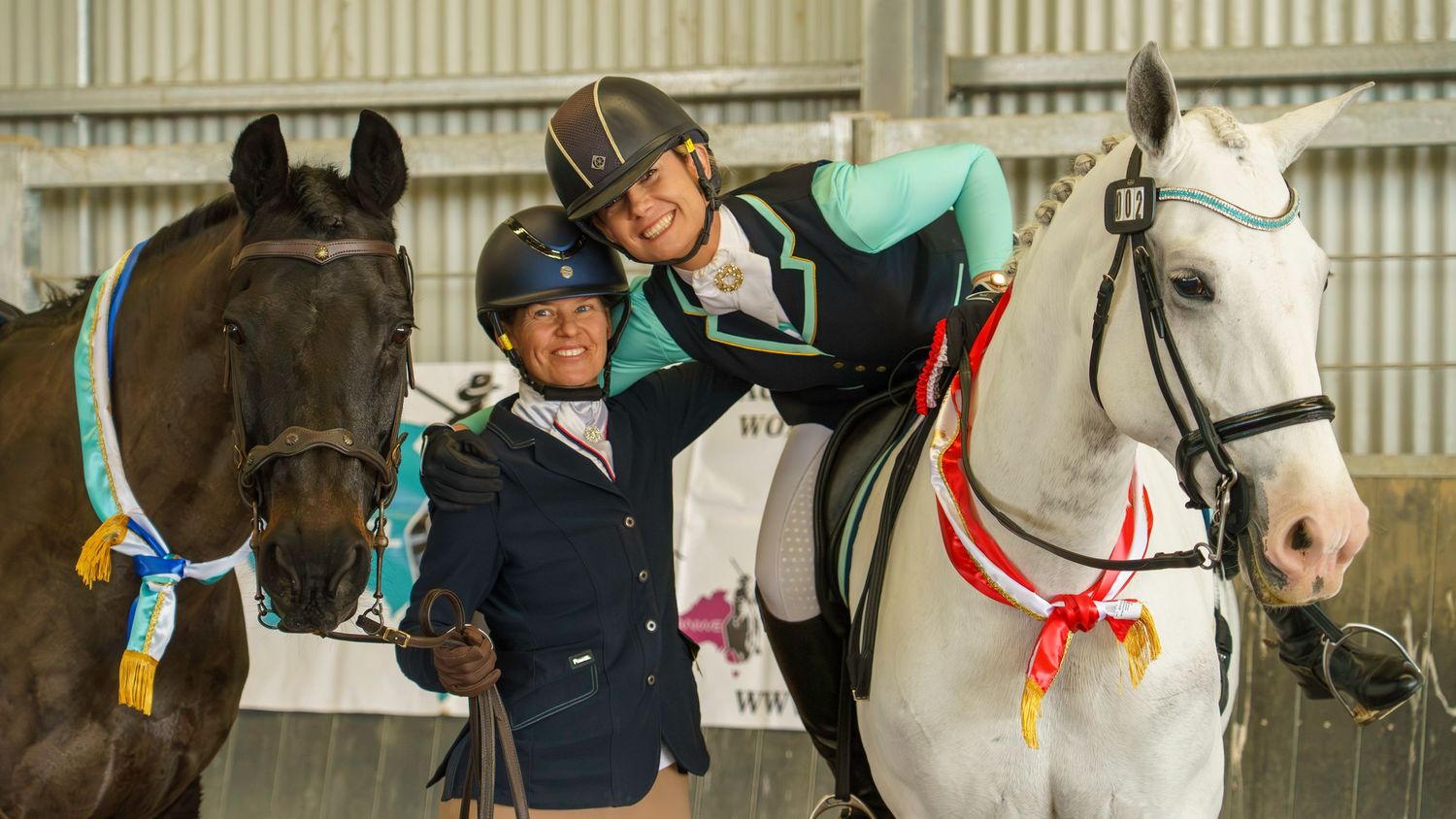 White show horses lined up in indoor arena during competition.