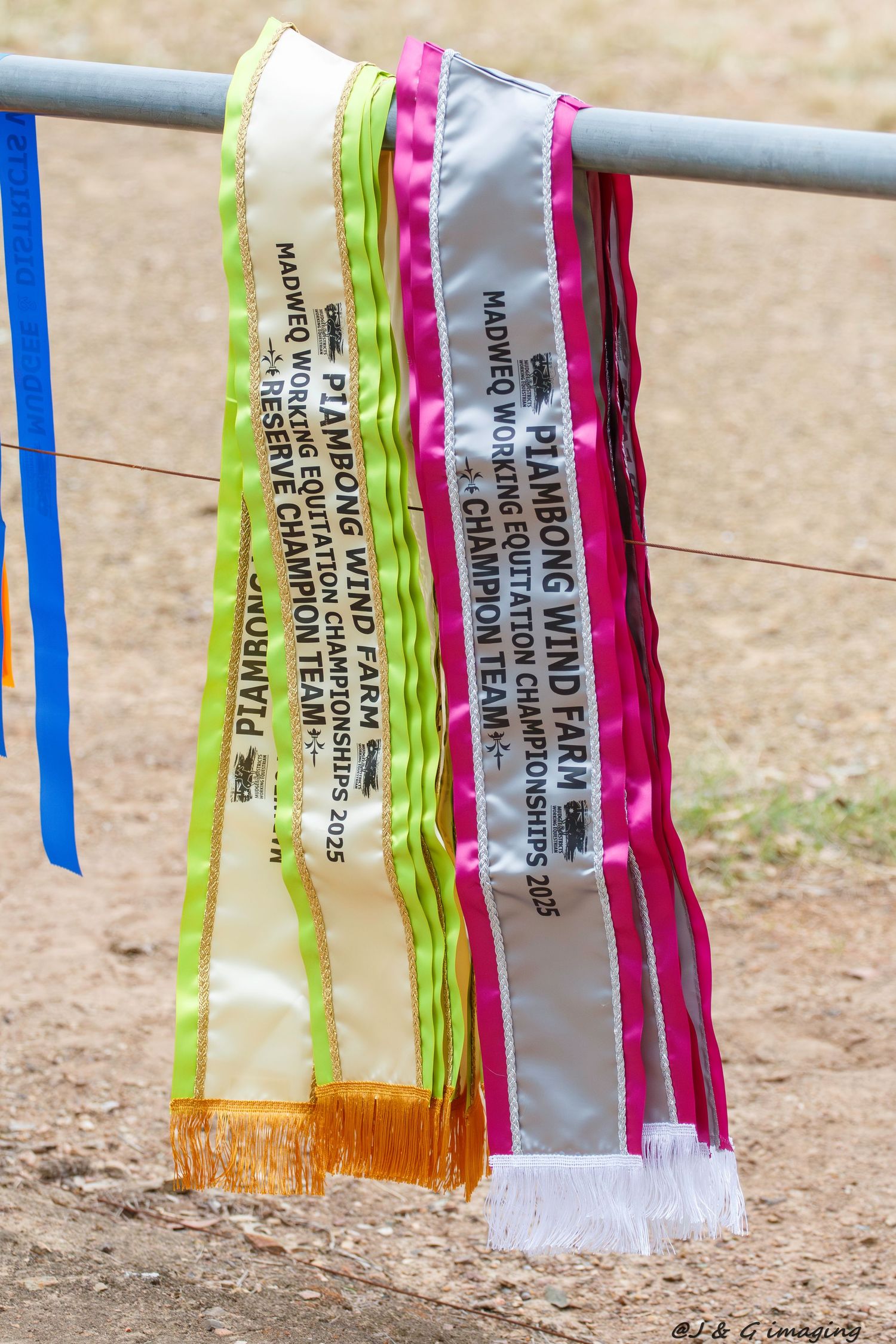 Colorful competition ribbons hang in a row at an equestrian event.