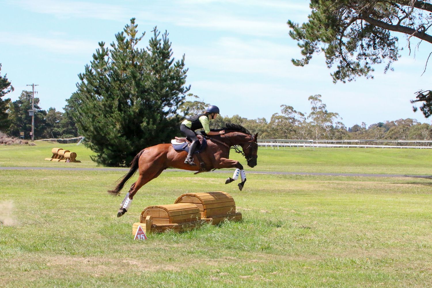 Horse and rider clearing a wooden jump on a grassy field during competition.