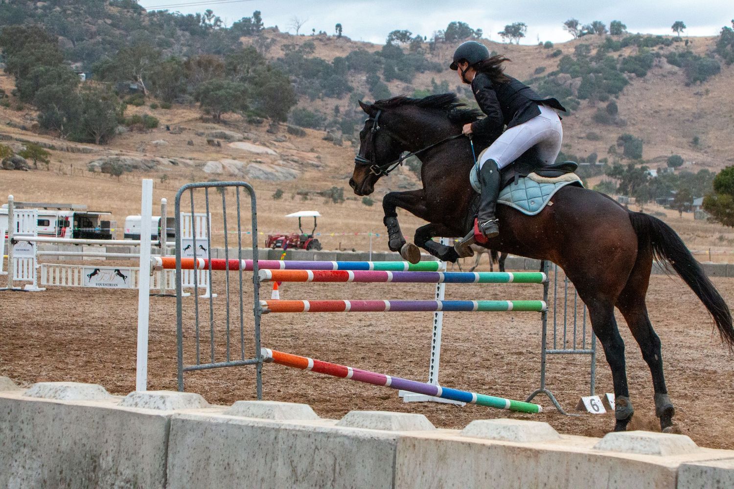 Horse and rider jumping over obstacles during an equestrian show jumping competition.