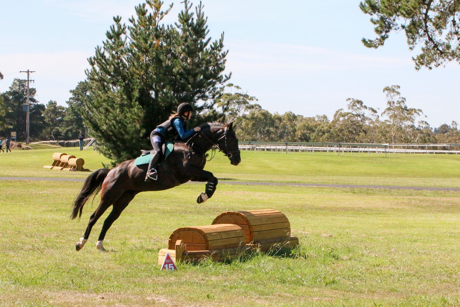 Multiple horses and riders practicing jumps on an outdoor equestrian course.