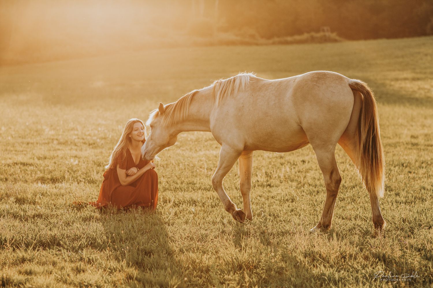Woman in red dress kneeling as a palomino horse gently approaches her in a sunset meadow.