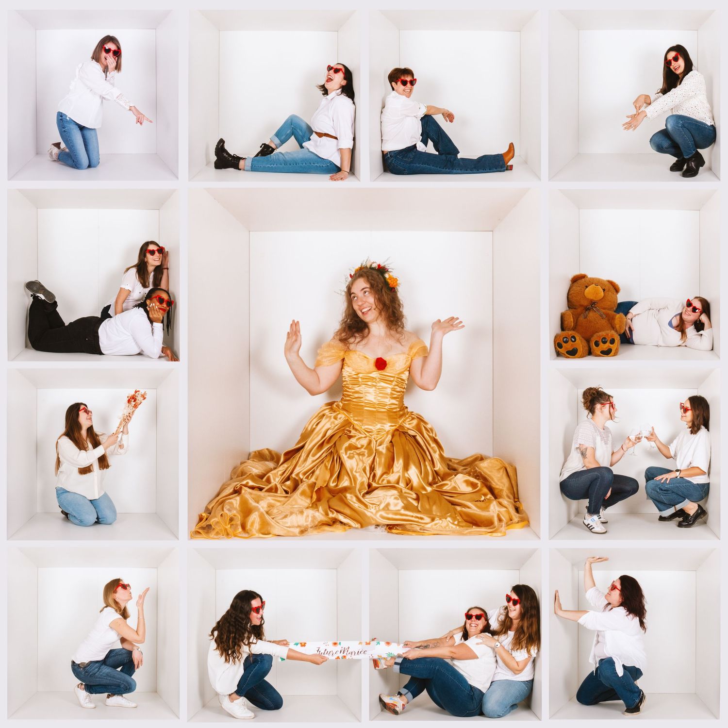 Creative collage of women posing in white box frames with one wearing a gold princess gown.