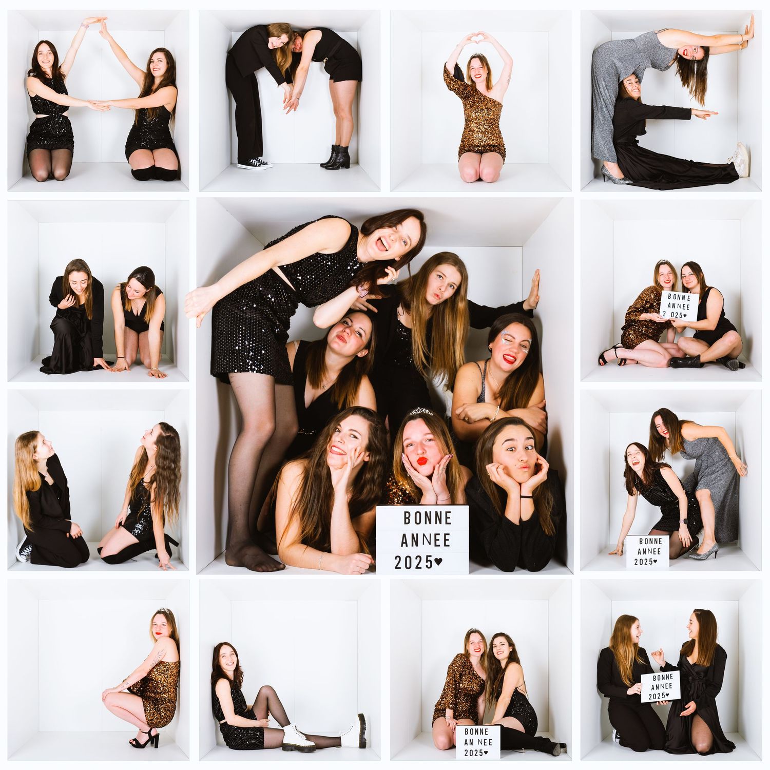 Collage of two young women posing in various positions with a Bonne Annee 2025 sign.