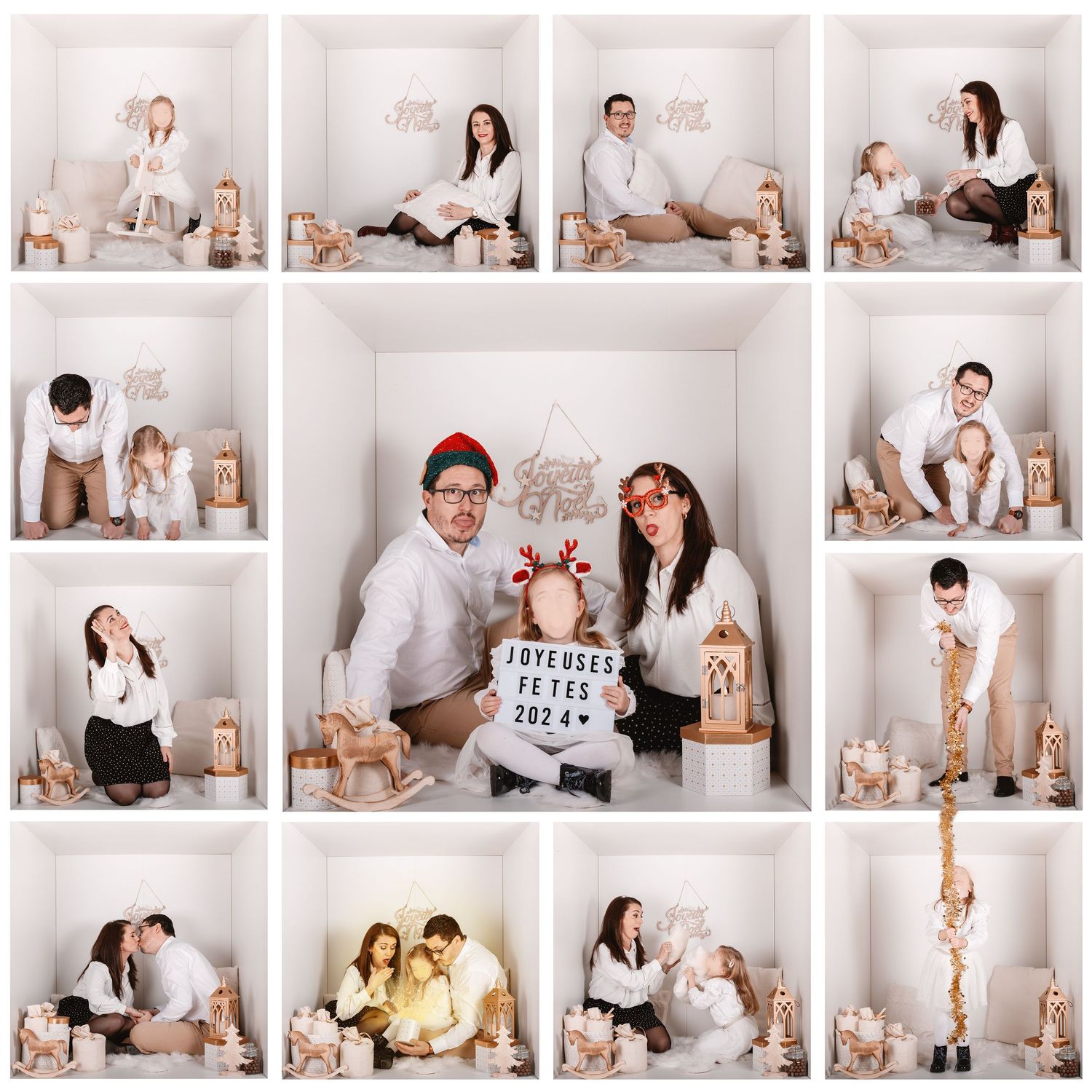 Family Christmas photo collage in white studio with festive decorations and Joyeuses Fetes 2024 sign.