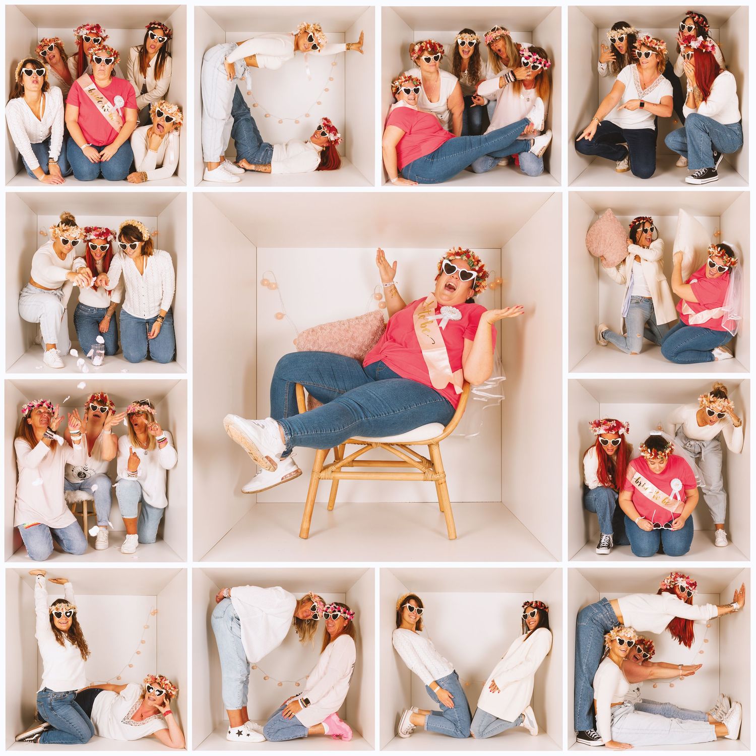 Fun bachelorette party photo collage with women in pink accessories posing in white studio.
