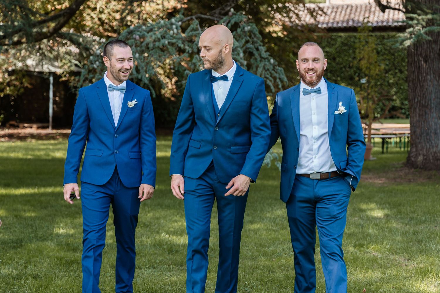 Three groomsmen in matching royal blue suits with bow ties walking outdoors at a wedding.