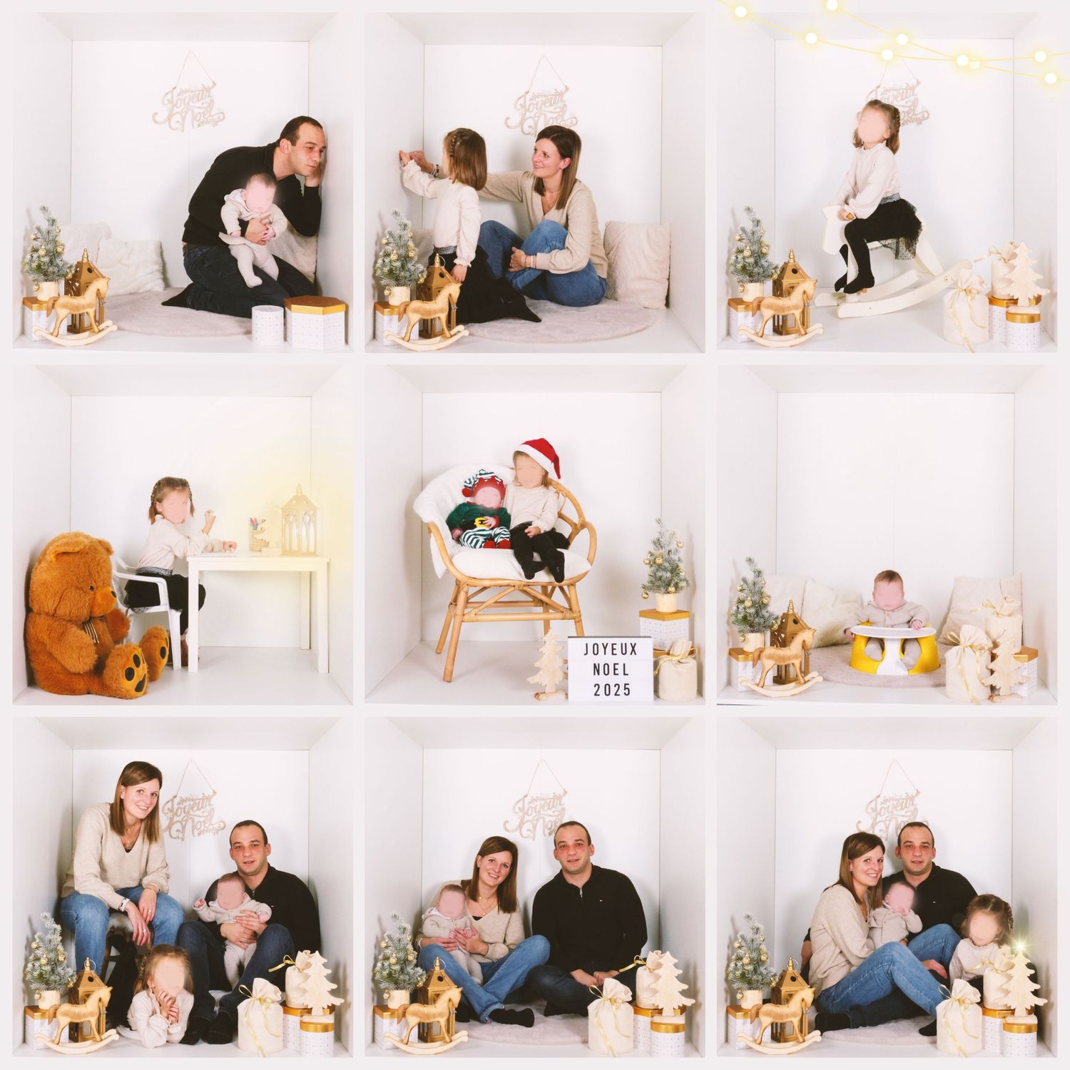 Family Christmas photo collage in white studio with holiday decorations and Joyeux Noel 2025 sign.