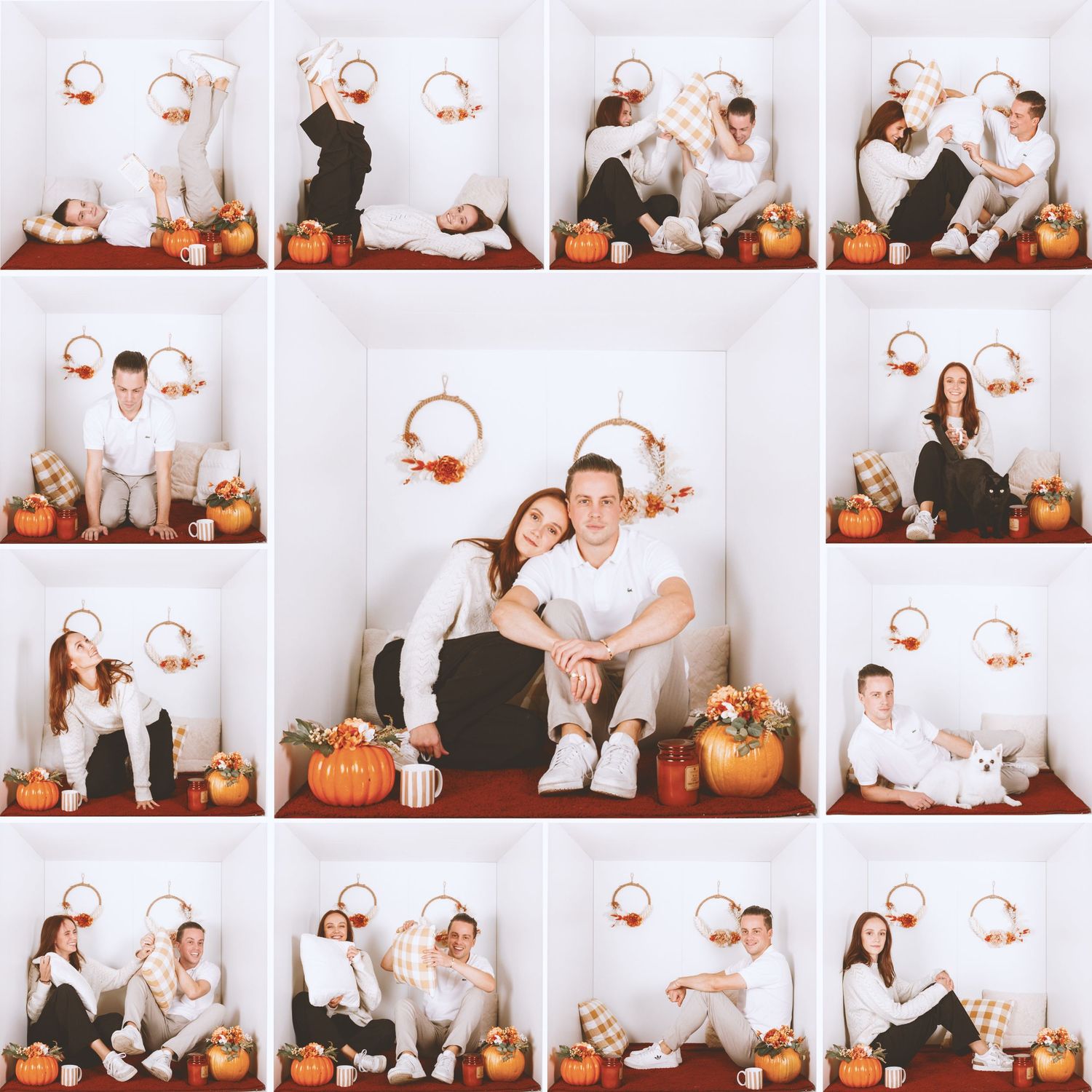Couple posing in white box set with autumn pumpkins and floral decor in a collage of 12 photos.