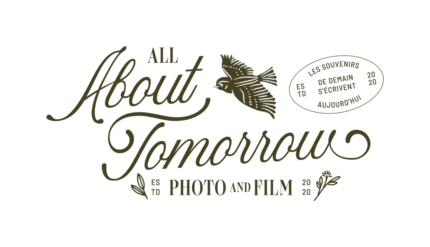 All About Tomorrow Photo and Film vintage logo with bird illustration and French text.