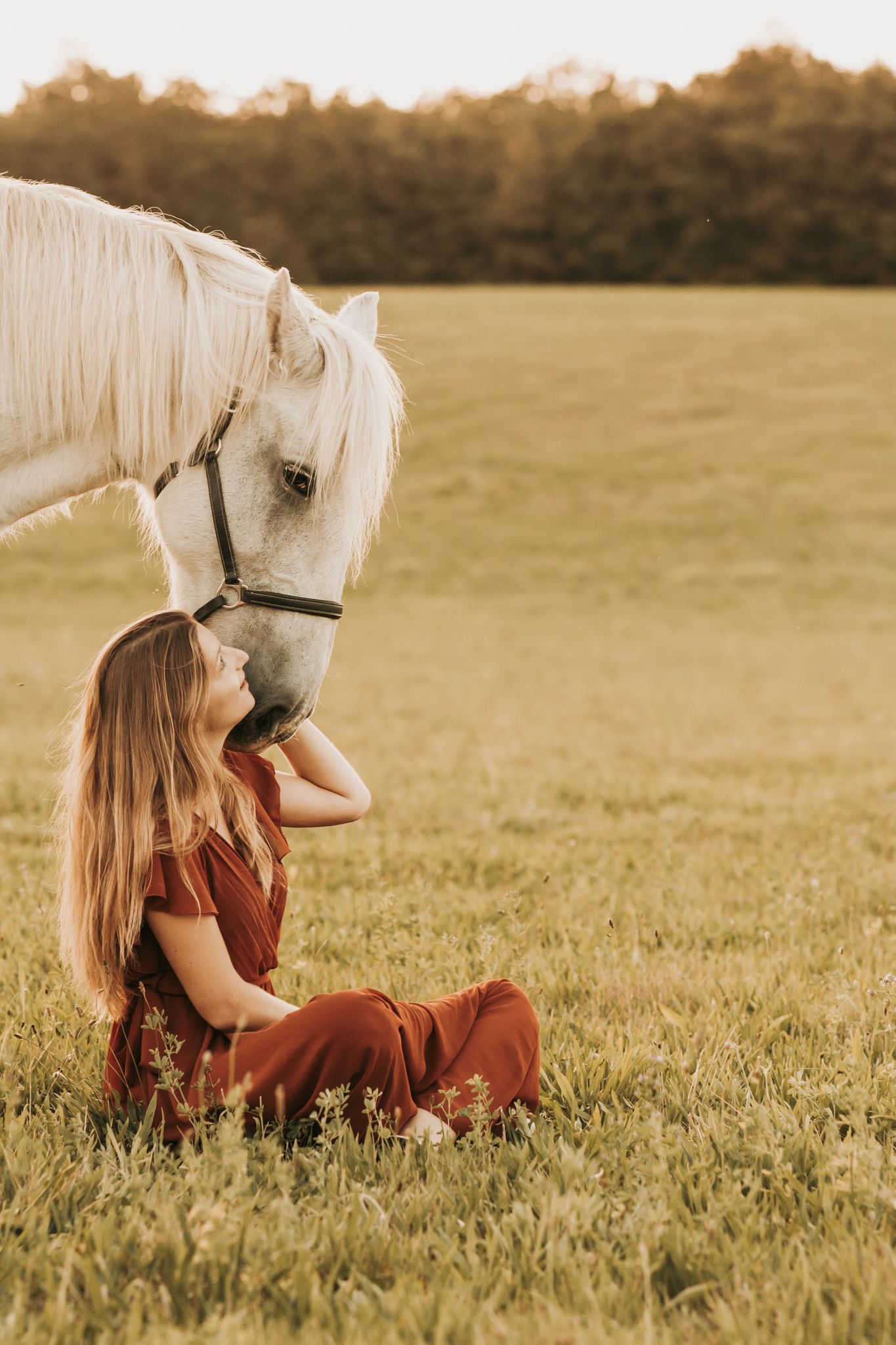A woman sits in grass as a white horse nuzzles her face in a sunny field.