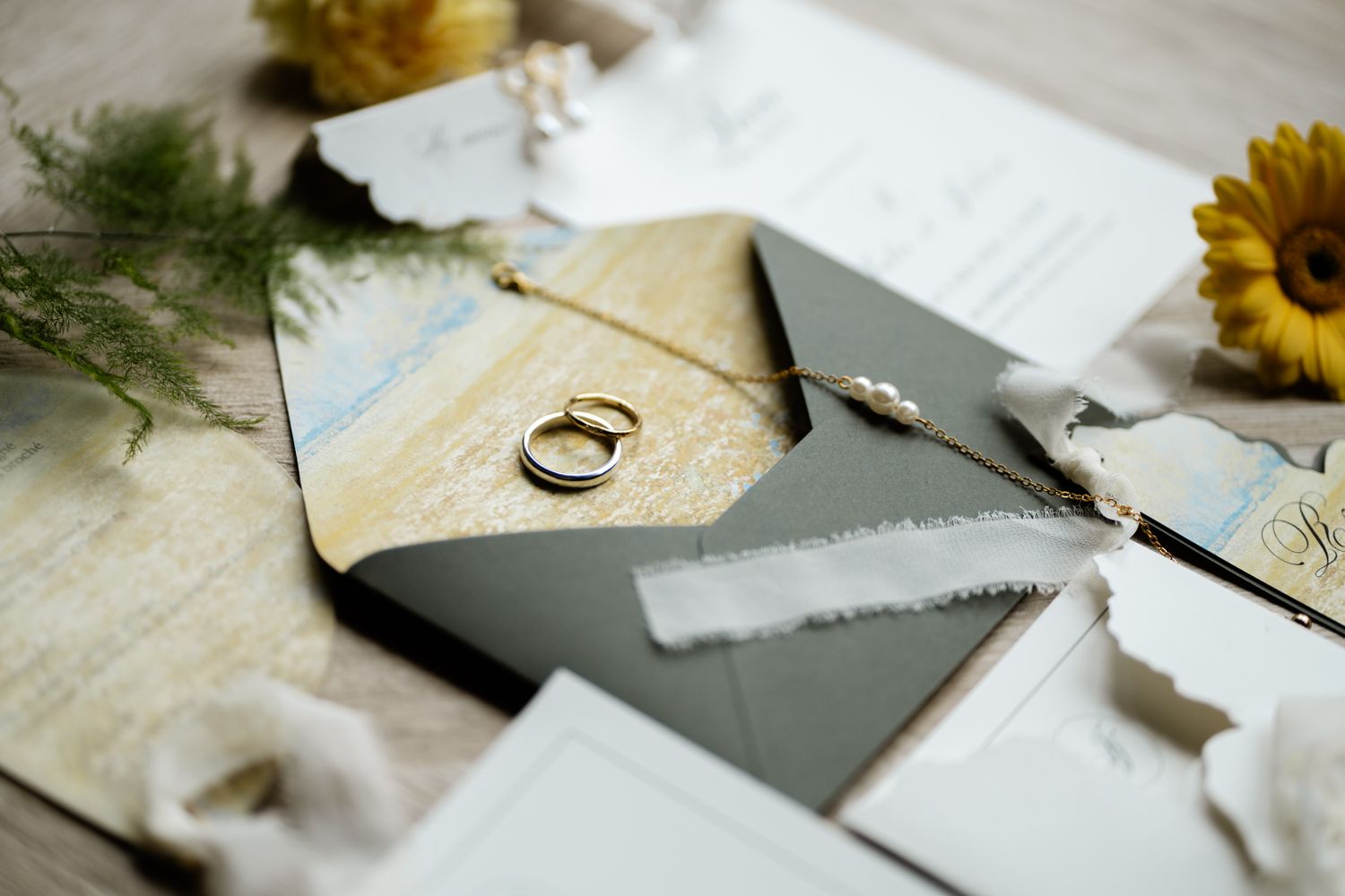 Wedding stationery flat lay with gold rings, gray envelopes, white invitations, and a sunflower accent.