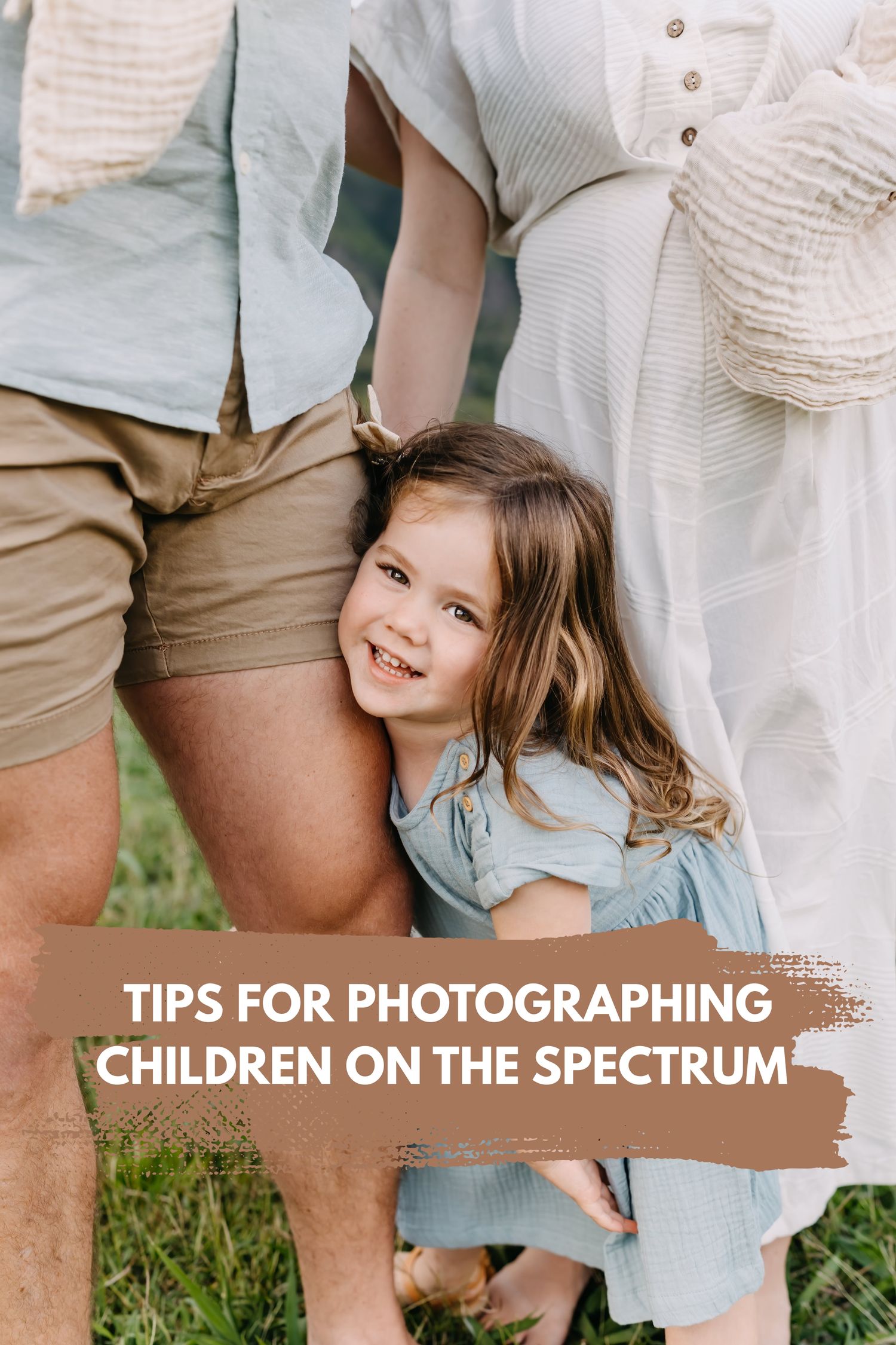 joyful smile on a young girl's face with text overlaying the image about photographing children who are autistic