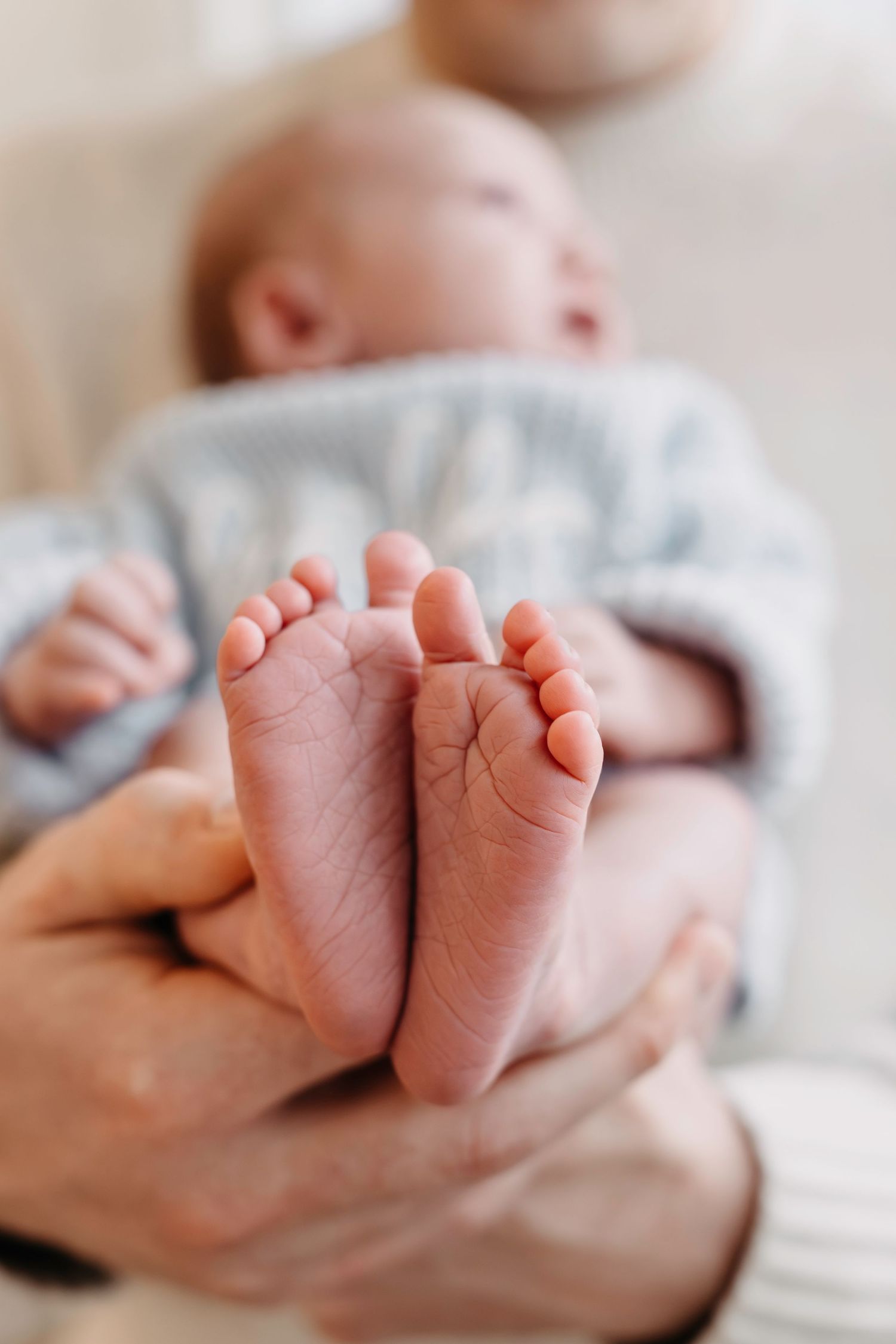 Close up of tiny newborn baby feet with soft blurred background showing infant in gray clothing.