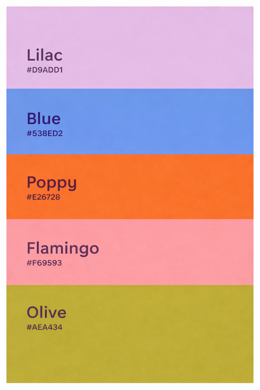 A color palette featuring lilac, blue, poppy orange, flamingo pink, and olive green swatches with their corresponding hex codes.
