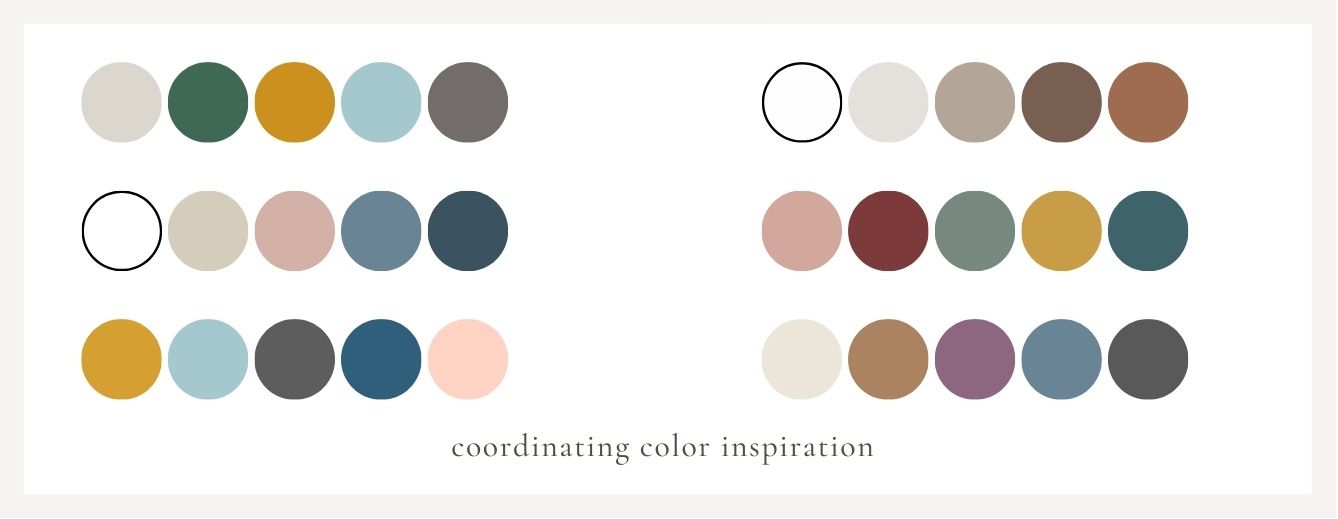 A collection of coordinated color palettes showing muted earth tones, pastels, and autumnal shades arranged in circular swatches.