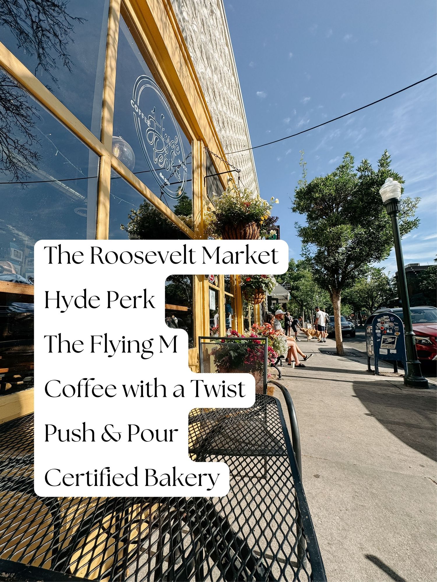 A row of storefront signs displaying business names including Roosevelt Market, Hyde Park, Flying M, and other local shops.
