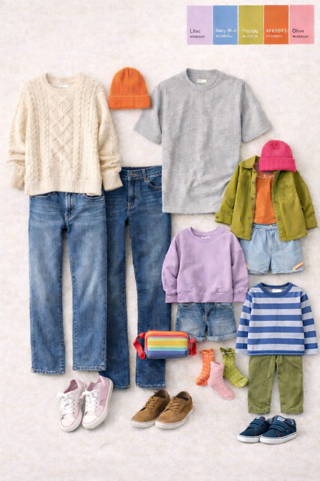 A collection of coordinated children's outfits featuring jeans, sweaters, and shoes in pastel and earthy colors.