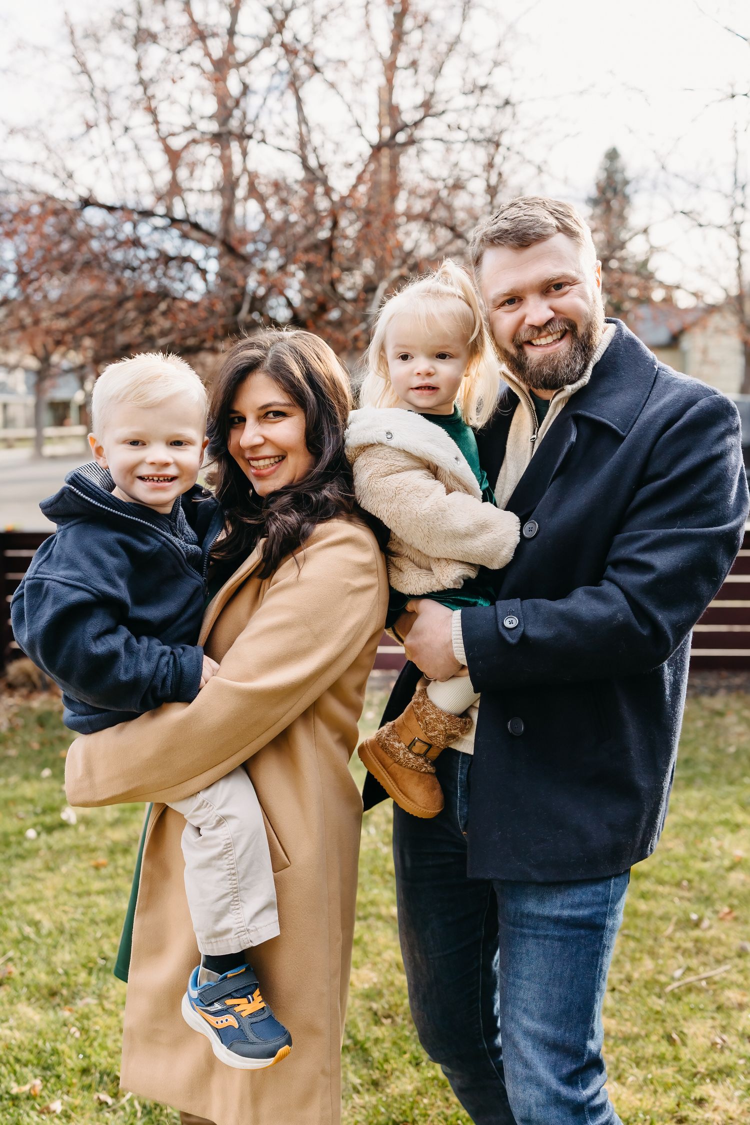 A playful family photo sequence outdoors showing joyful interactions and embraces on a fall day.