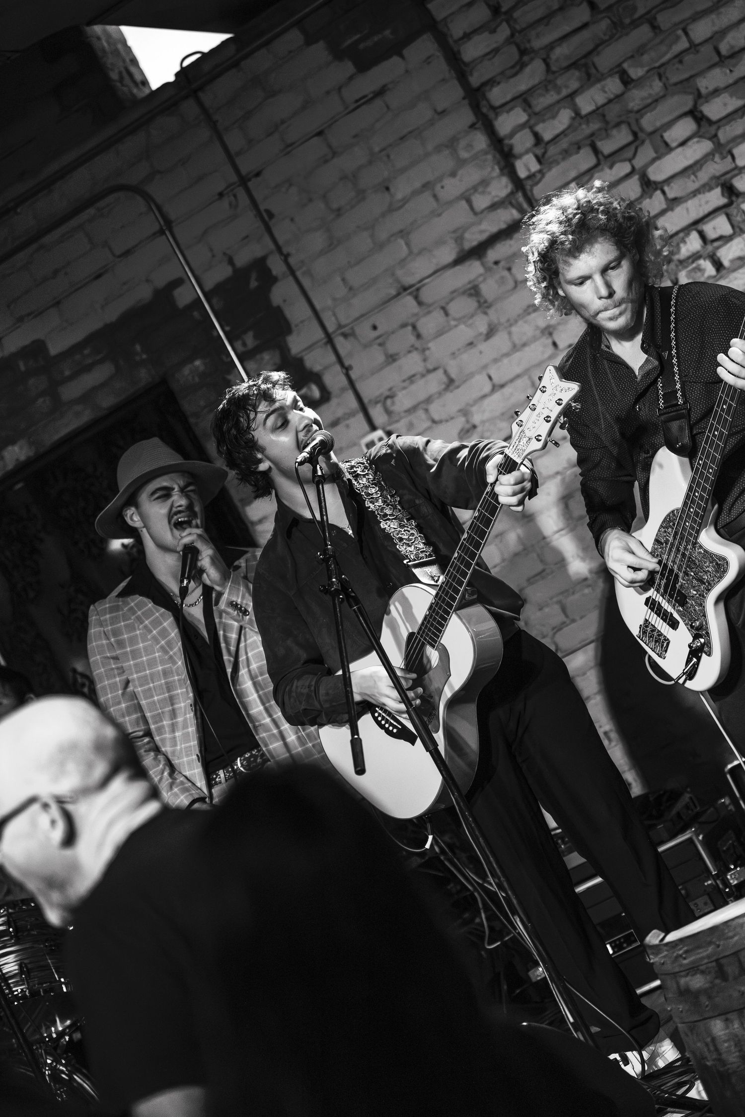 Musicians playing acoustic instruments against a brick wall backdrop in moody lighting.