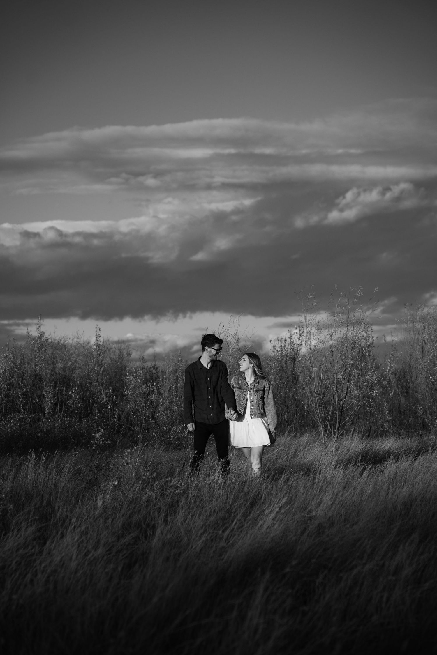 Silhouetted couple walking through tall grass against dramatic cloudy sky.