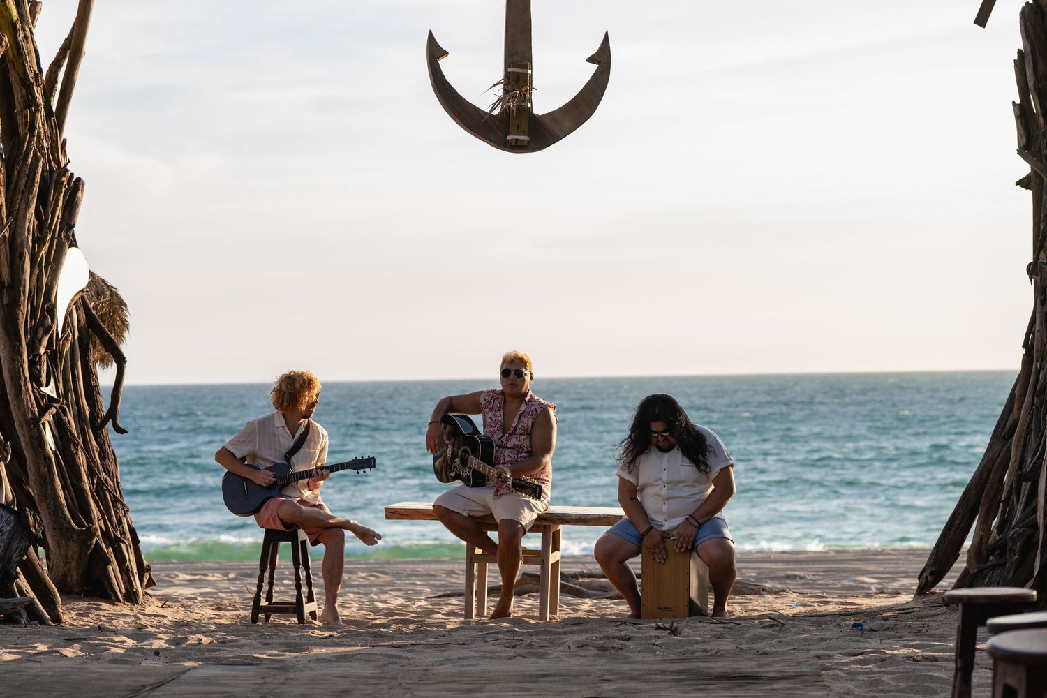 People relaxing in beach chairs along the shoreline under palm trees.