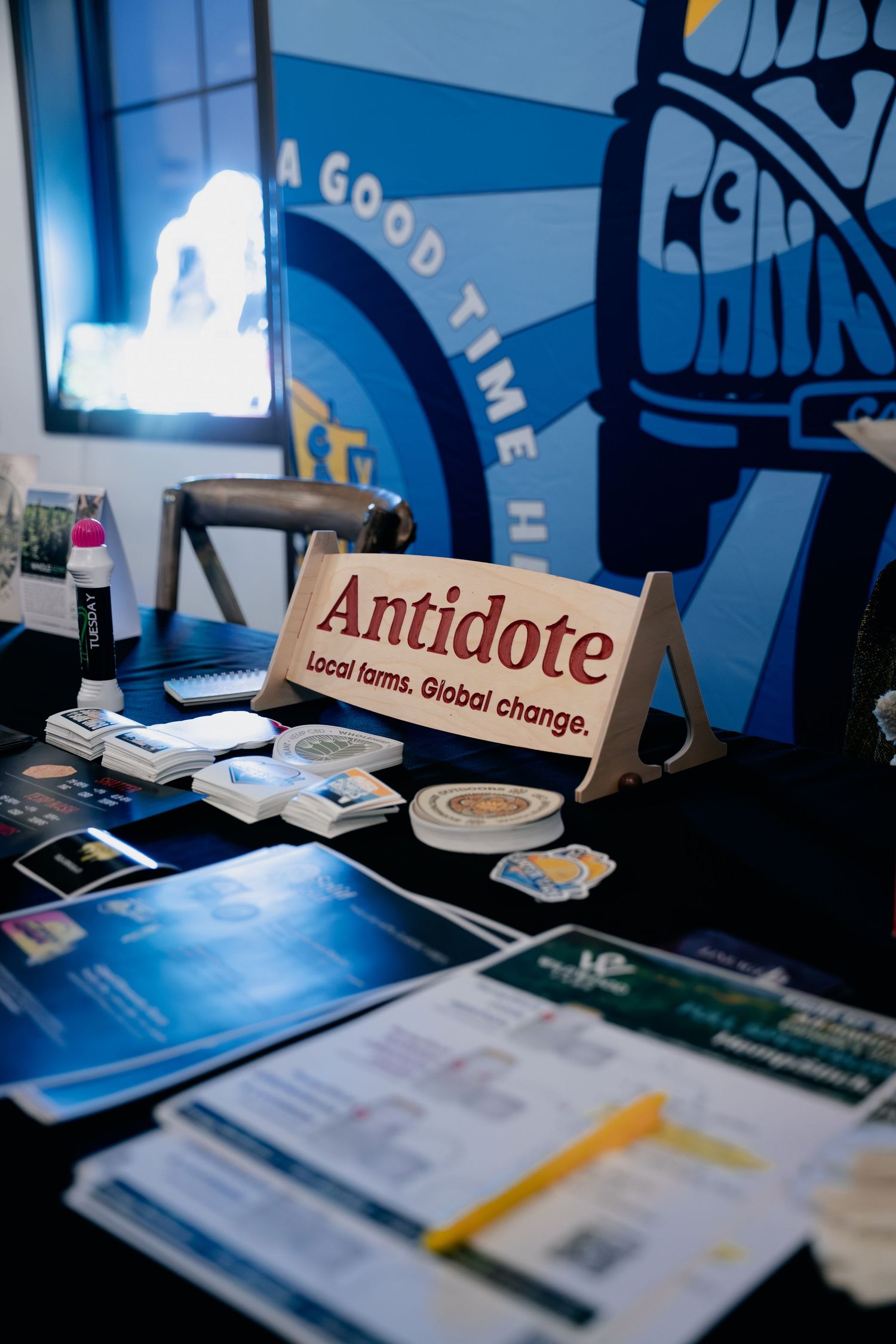 Desktop workspace with name plates reading 'Antidote' and 'Global change' against blue background.