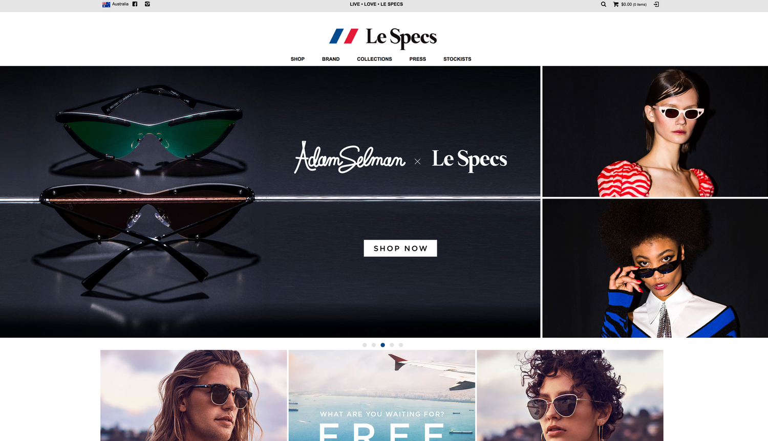 Le Specs eyewear brand website homepage featuring Adam Selman collaboration collection banner.