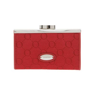 Red quilted pattern small clutch wallet with silver frame clasp and logo plate.